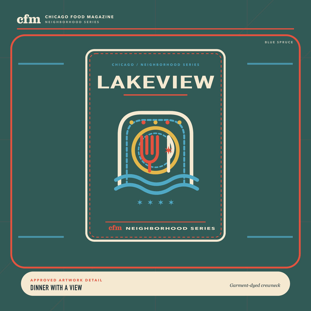 Lakeview garment-dyed crewneck, close-up of Dinner With a View artwork