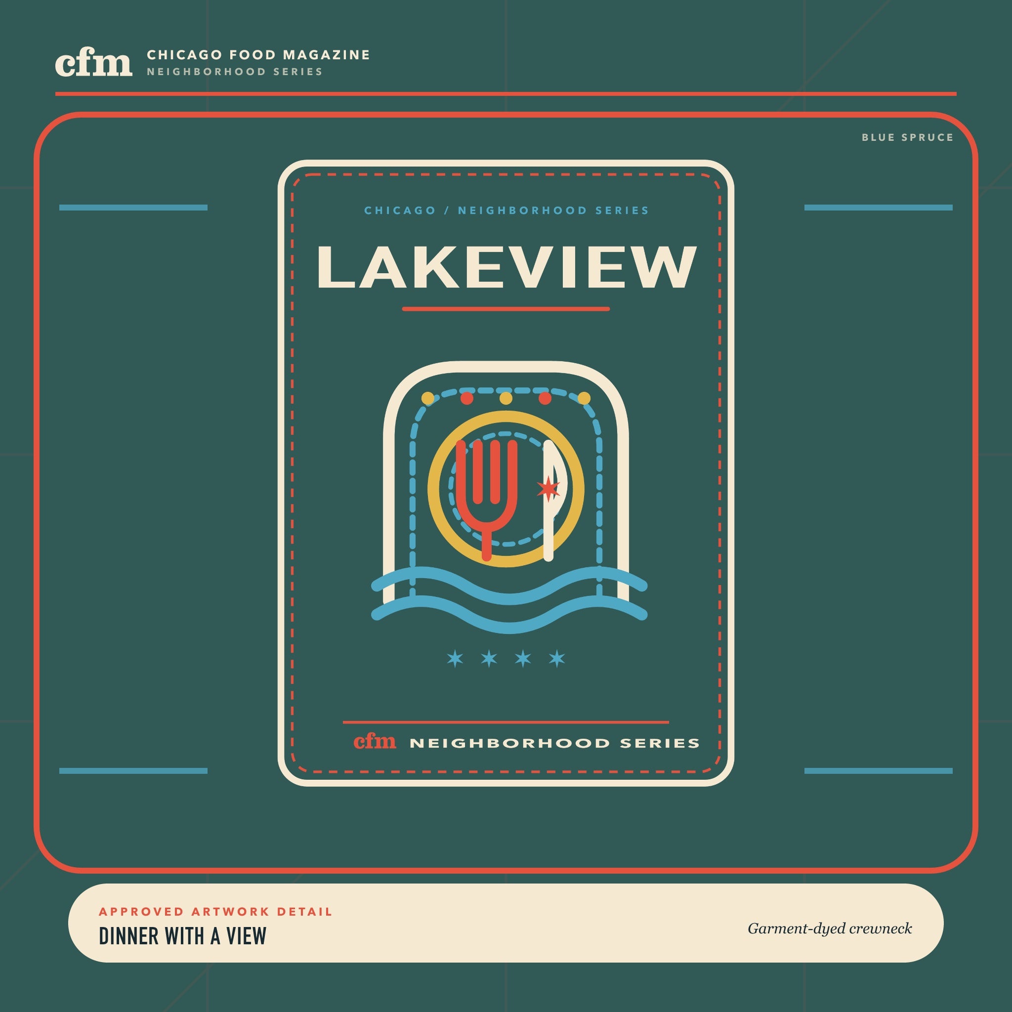Lakeview garment-dyed crewneck, close-up of Dinner With a View artwork