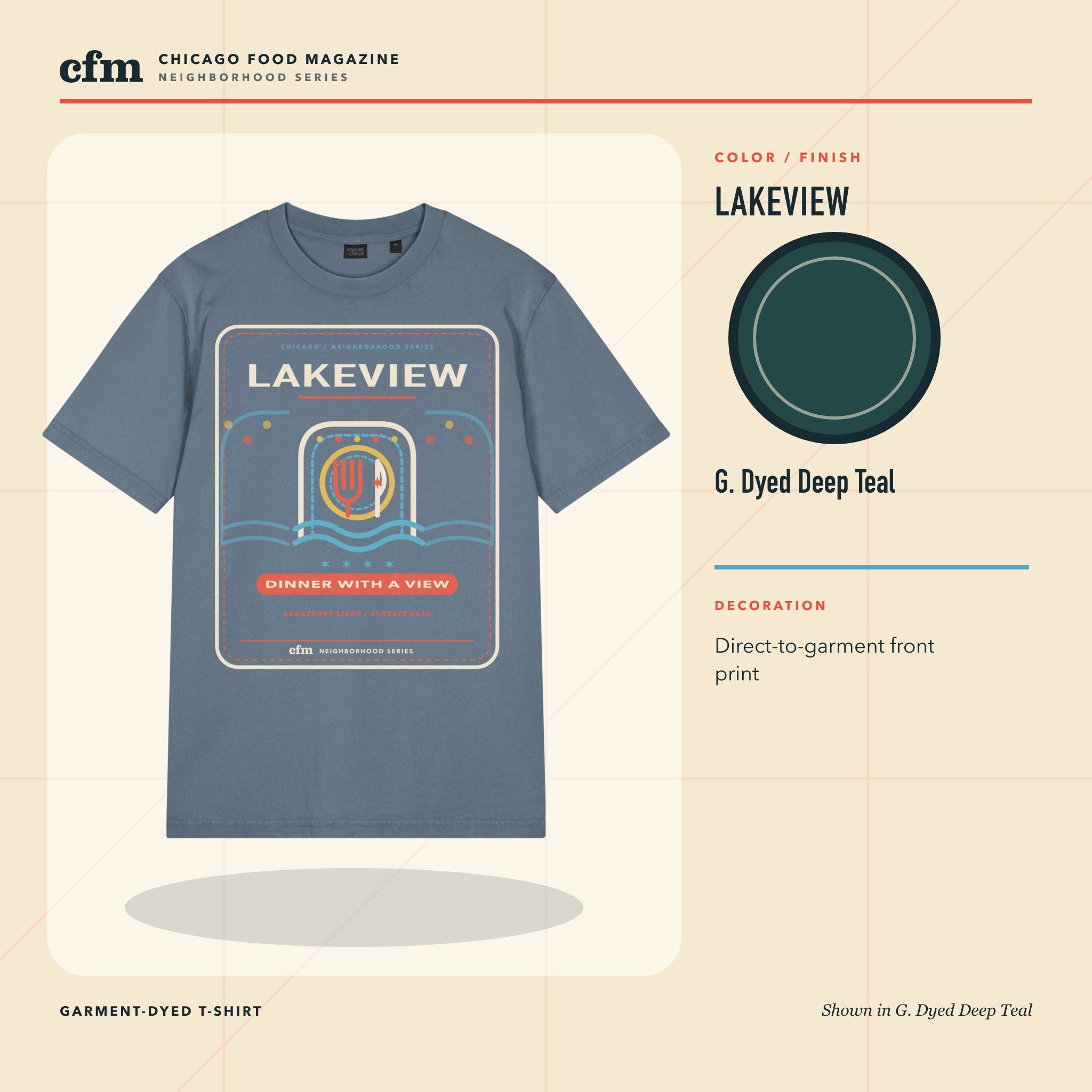 Lakeview garment-dyed t-shirt, G. Dyed Deep Teal color and finish