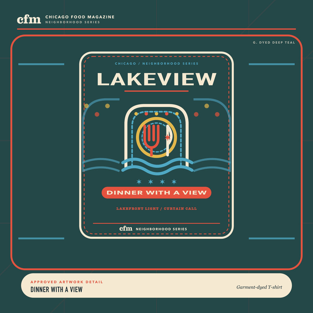 Lakeview garment-dyed t-shirt, close-up of Dinner With a View artwork