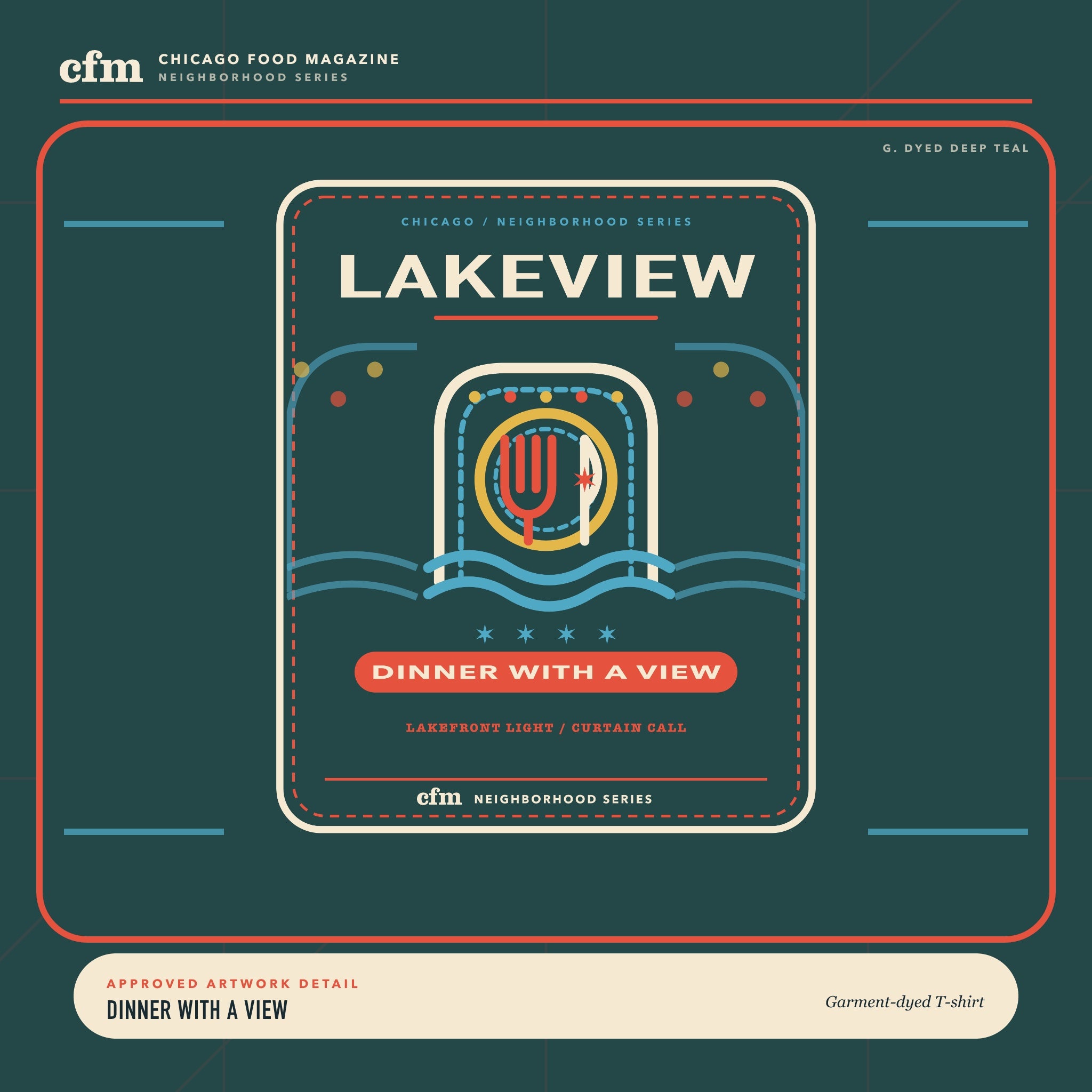 Lakeview garment-dyed t-shirt, close-up of Dinner With a View artwork