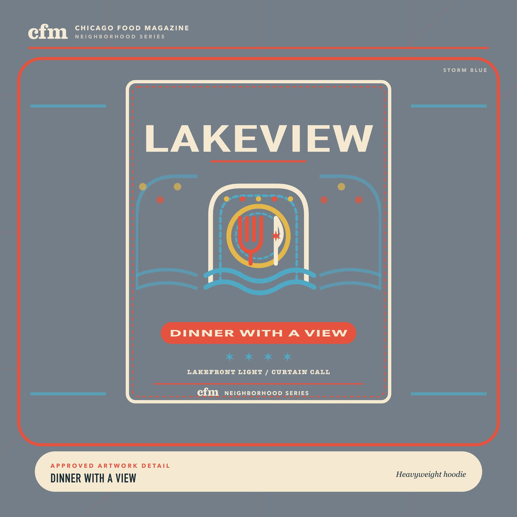 Lakeview heavyweight hoodie, close-up of Dinner With a View artwork