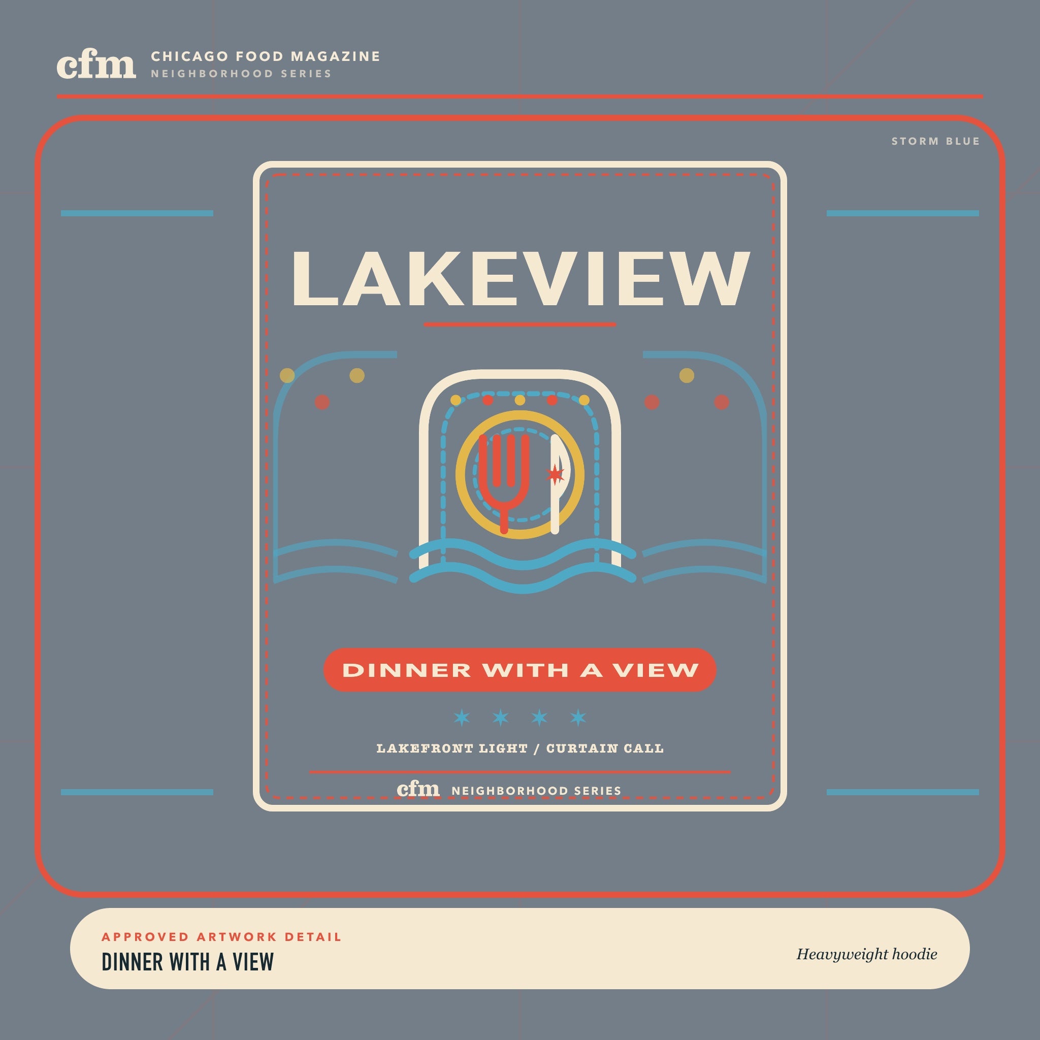 Lakeview heavyweight hoodie, close-up of Dinner With a View artwork