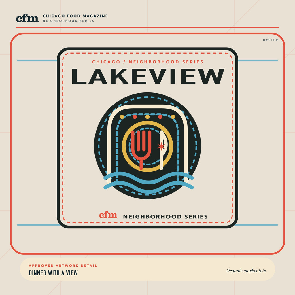 Lakeview organic market tote, close-up of Dinner With a View artwork