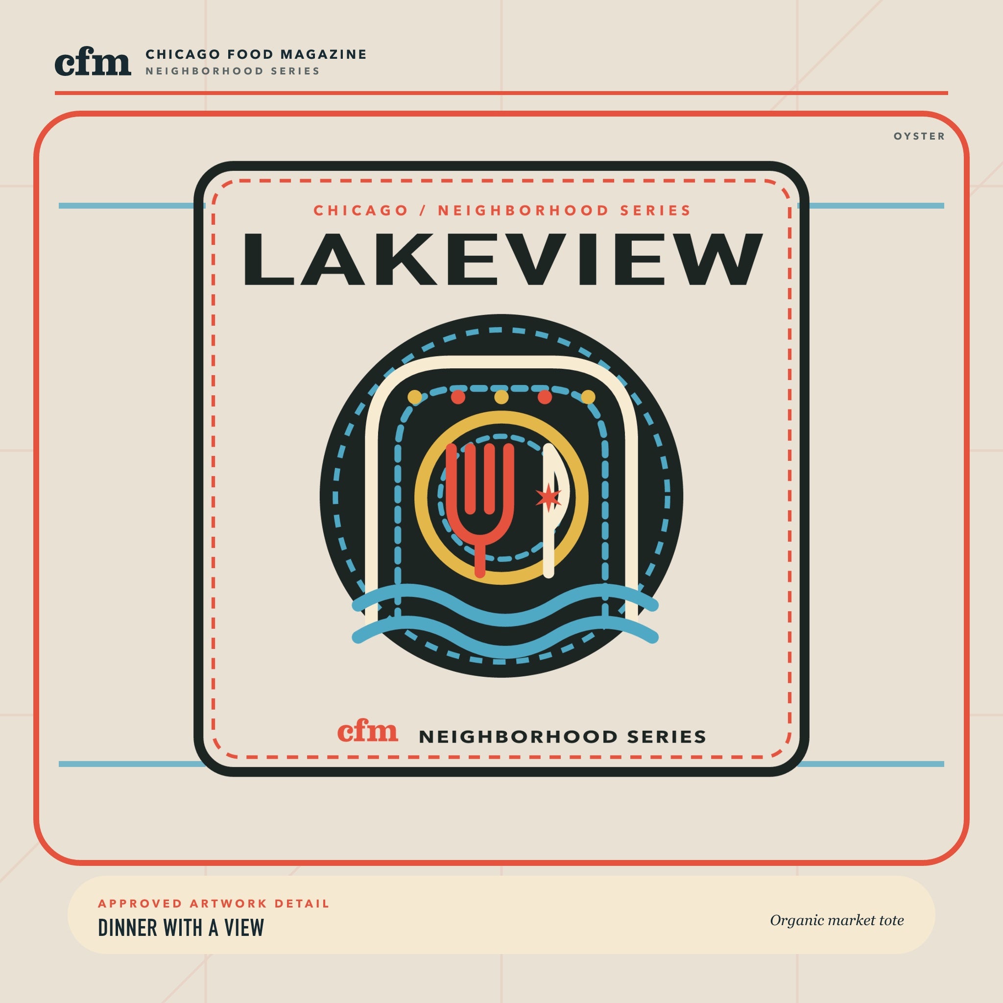 Lakeview organic market tote, close-up of Dinner With a View artwork