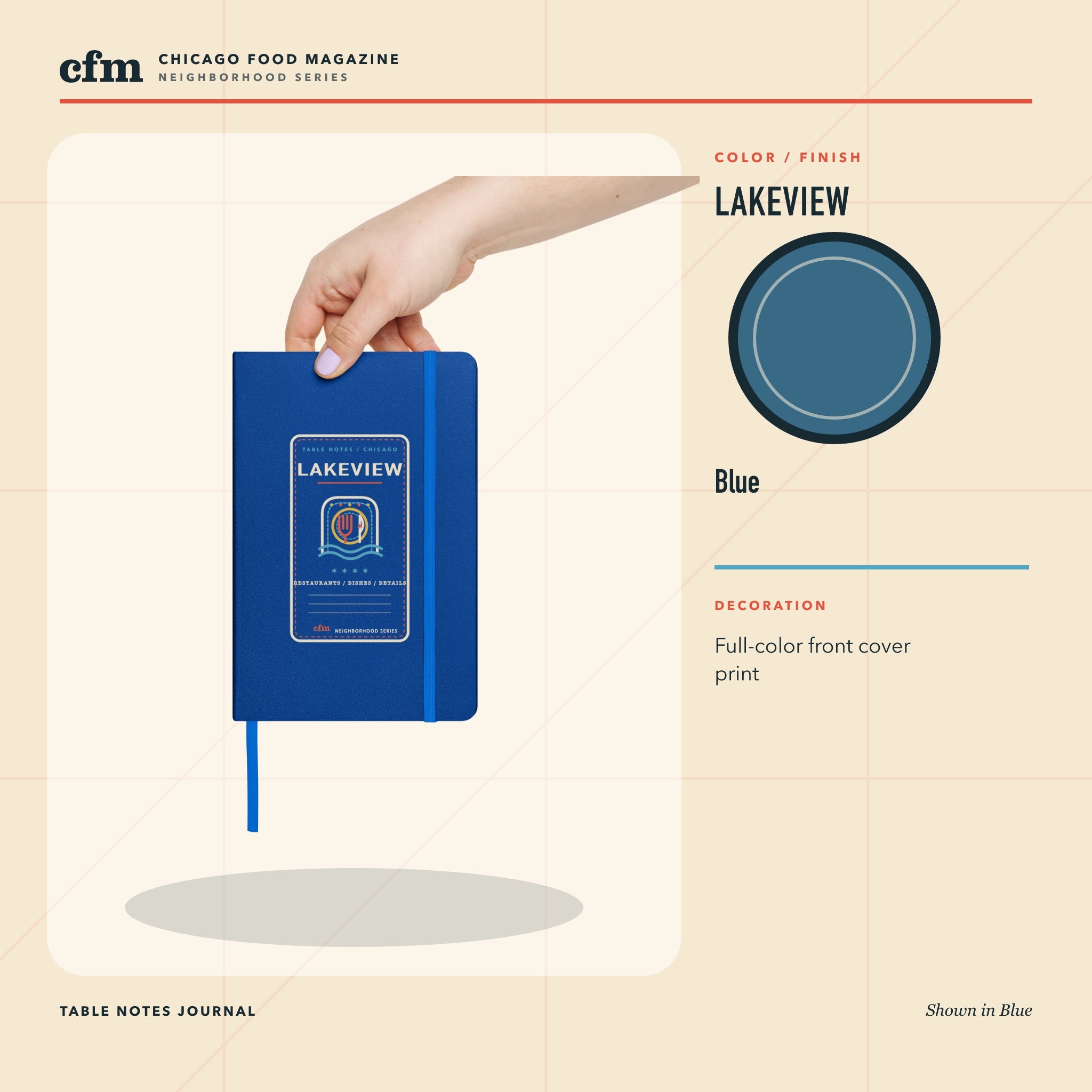 Lakeview table notes journal, Blue color and finish