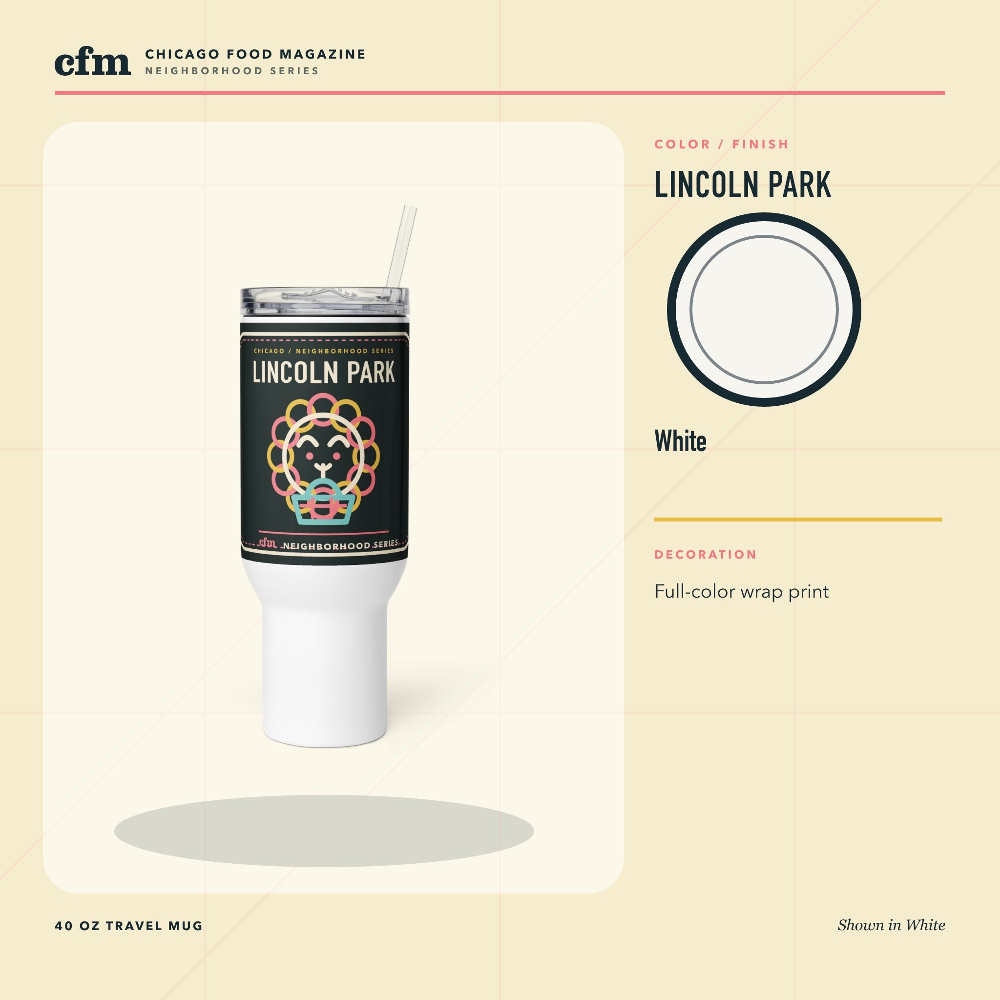 Lincoln Park 40 oz travel mug, White color and finish