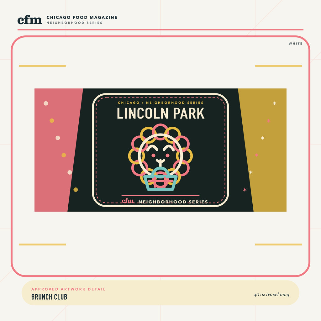 Lincoln Park 40 oz travel mug, close-up of Brunch Club artwork