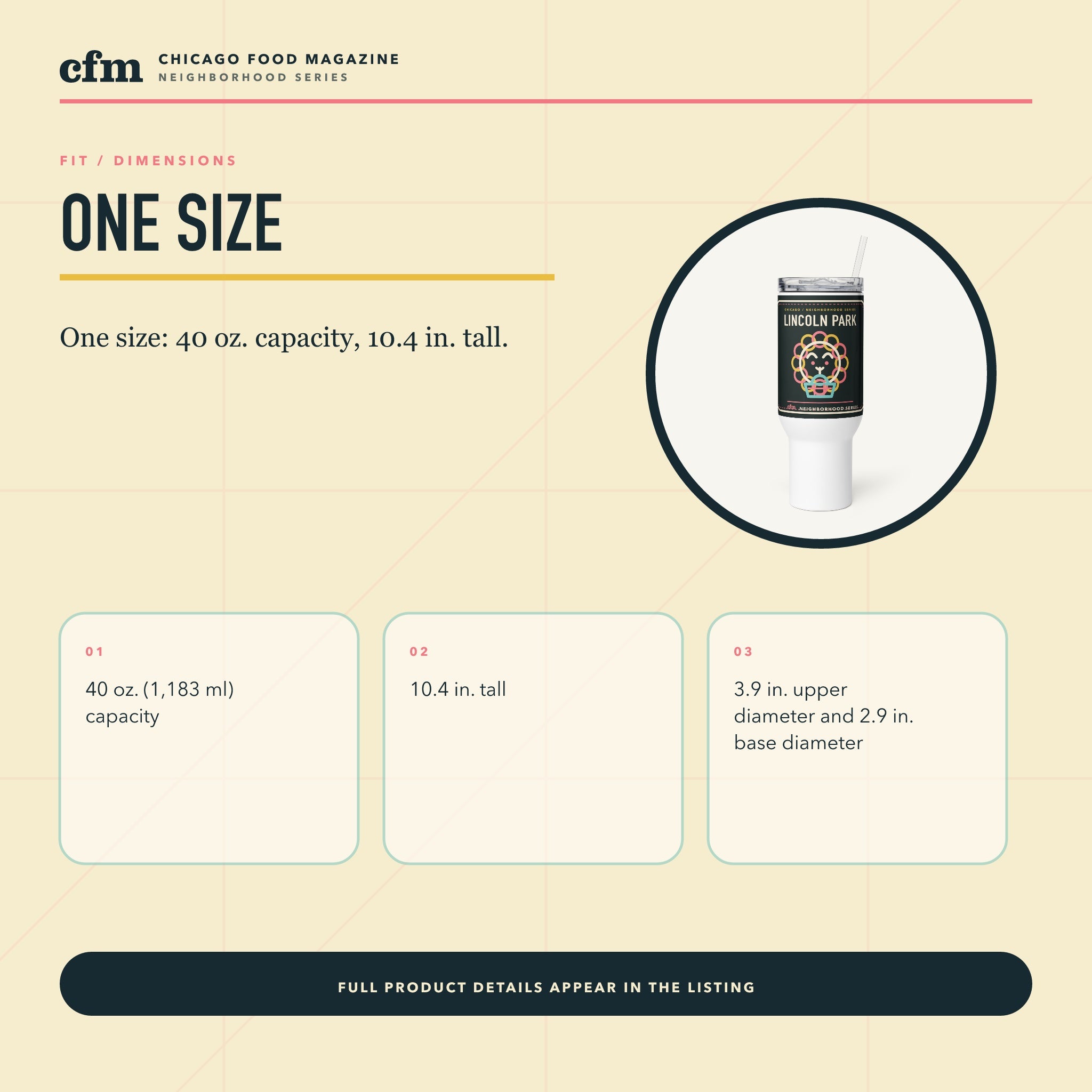 Lincoln Park 40 oz travel mug, size, fit, and dimensions guide