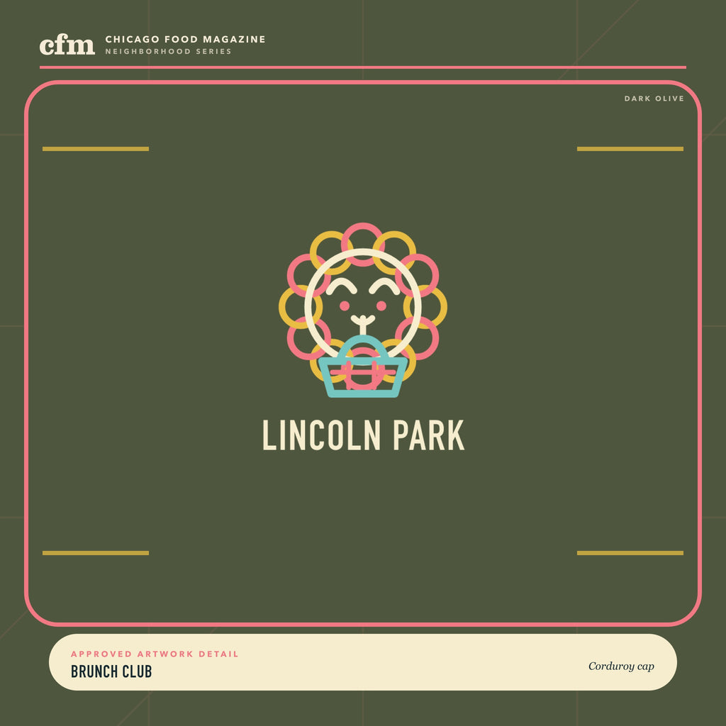 Lincoln Park corduroy cap, close-up of Brunch Club artwork