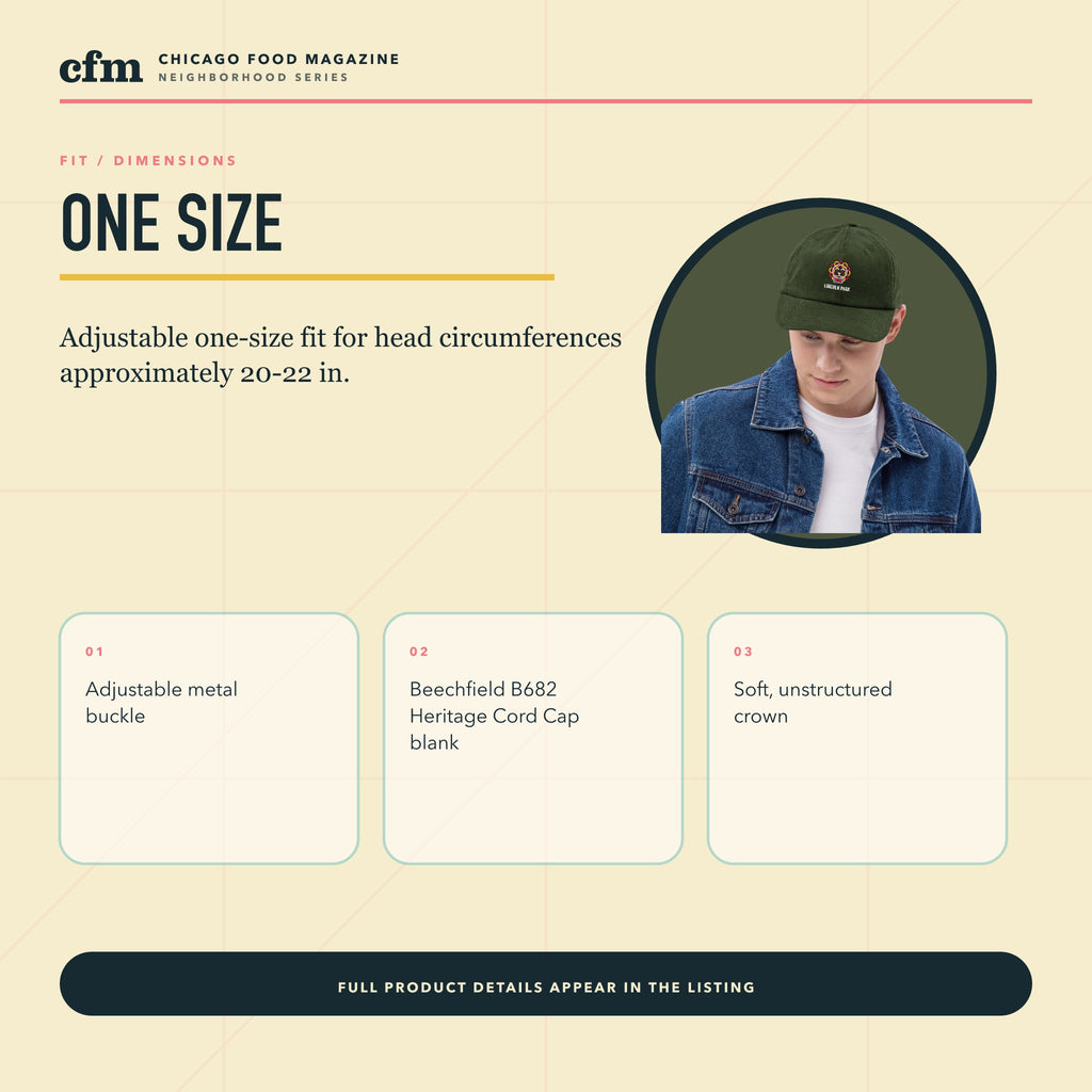 Lincoln Park corduroy cap, size, fit, and dimensions guide
