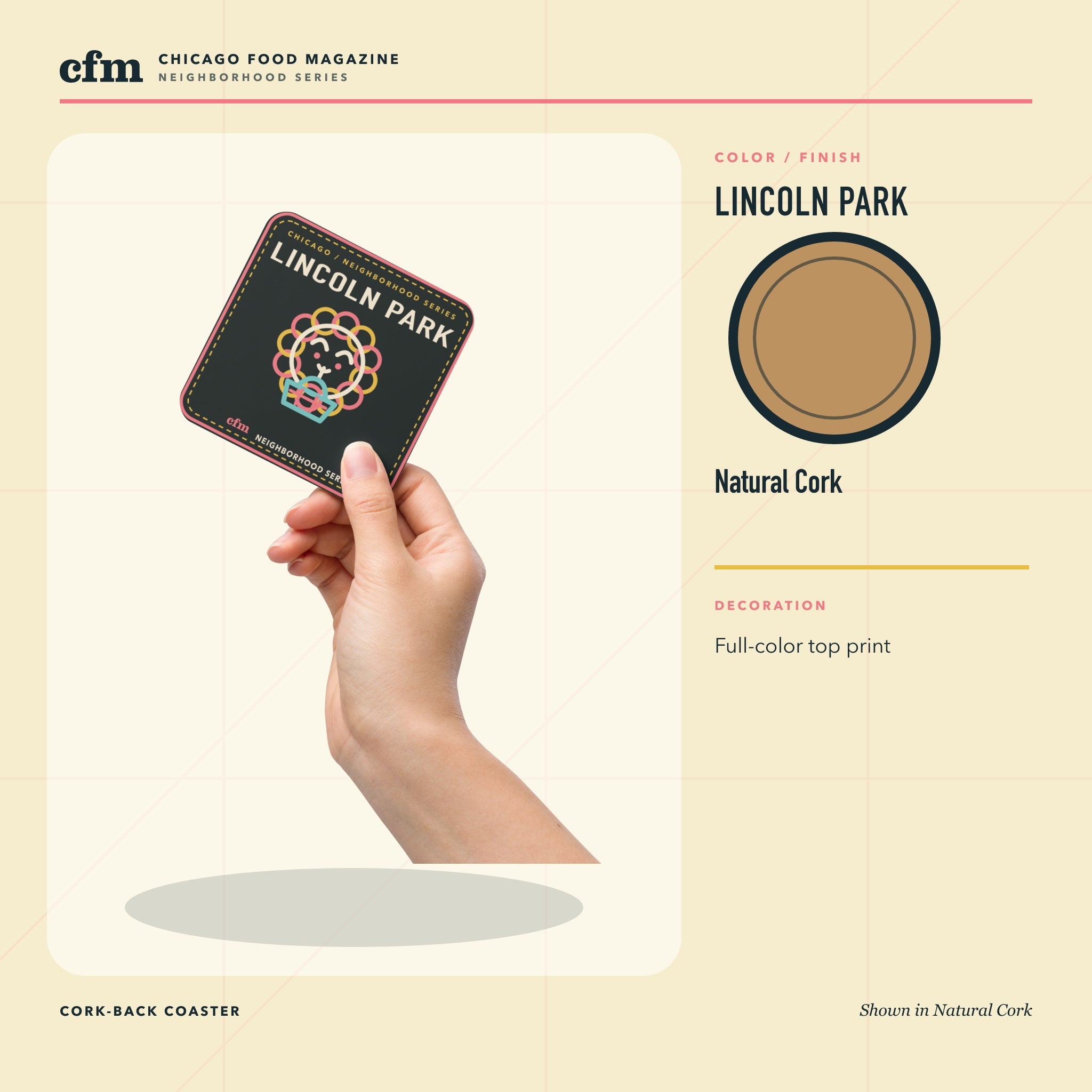 Lincoln Park cork-back coaster, Natural Cork color and finish