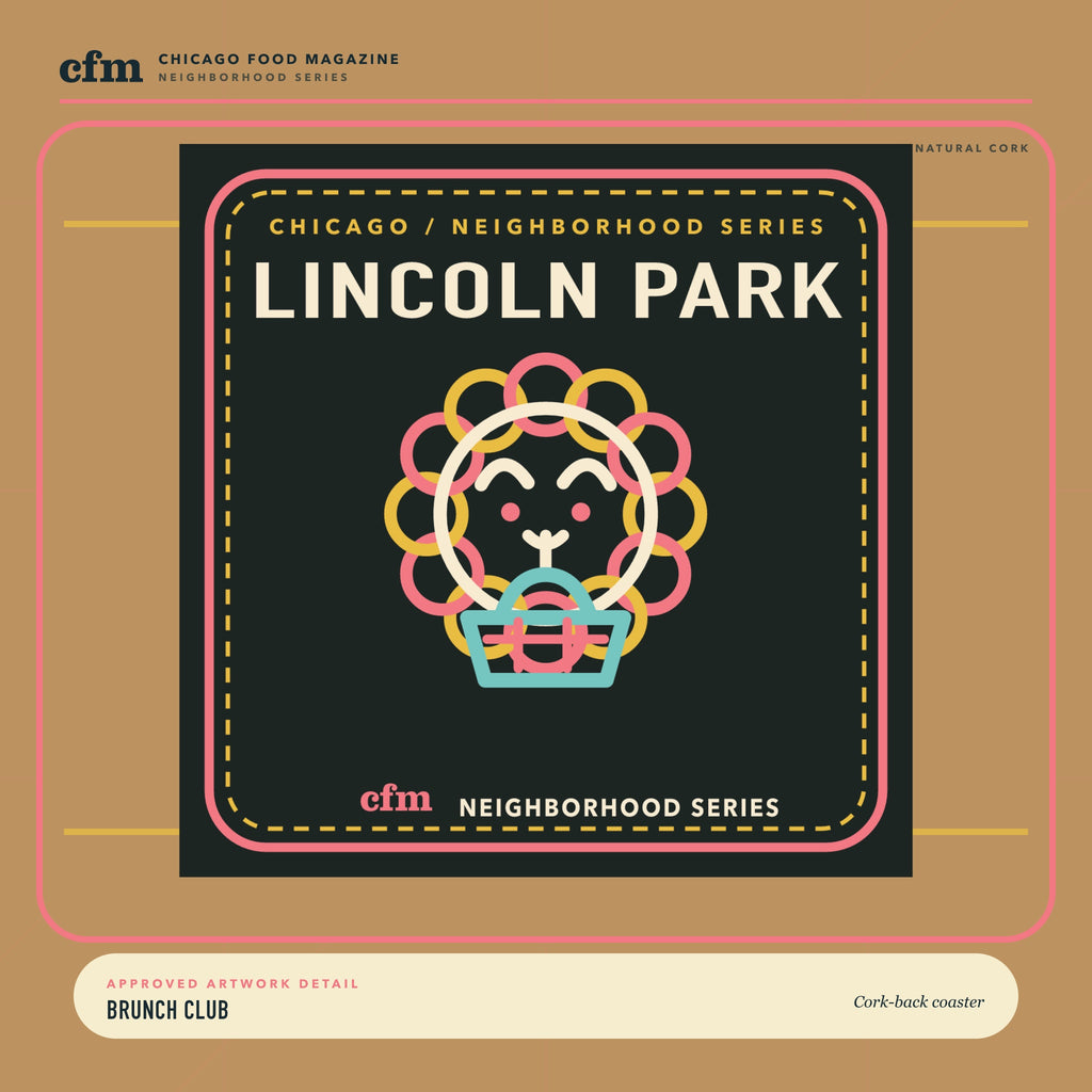 Lincoln Park cork-back coaster, close-up of Brunch Club artwork