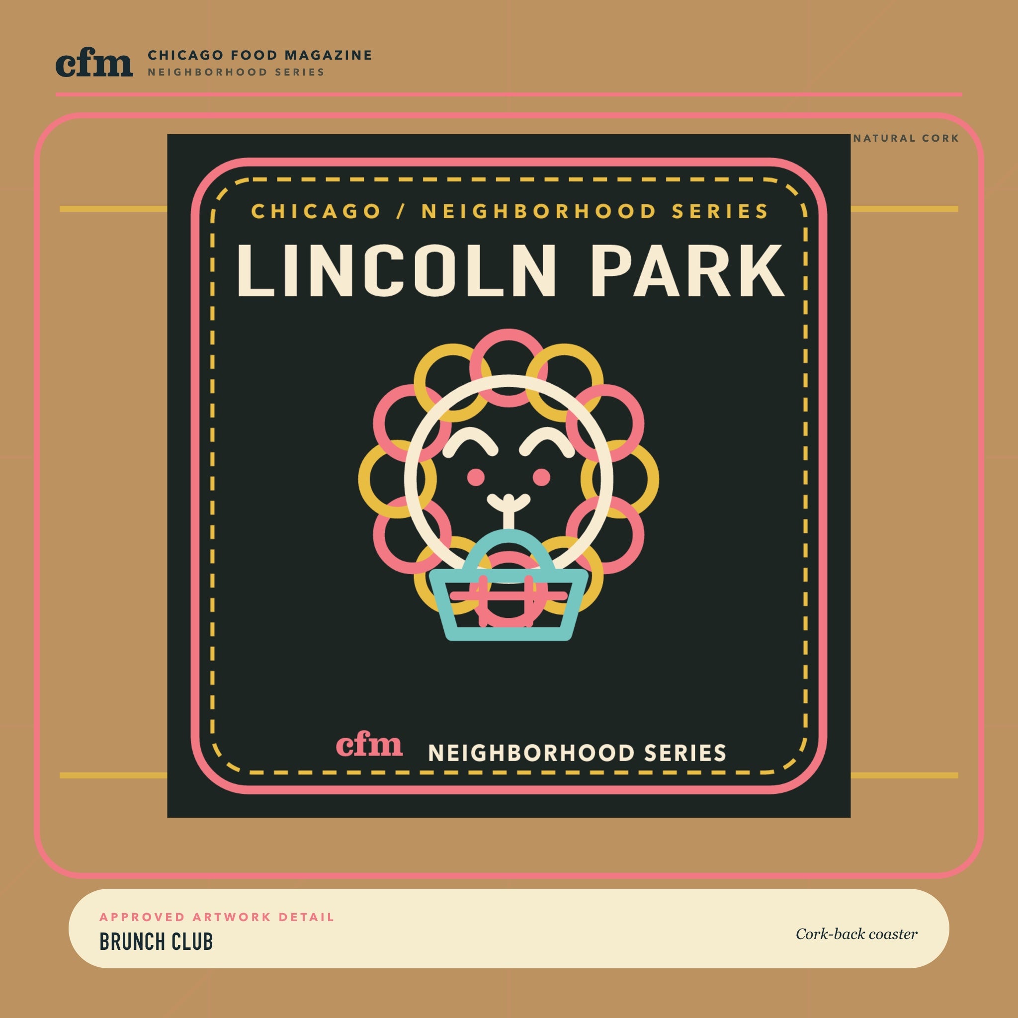 Lincoln Park cork-back coaster, close-up of Brunch Club artwork