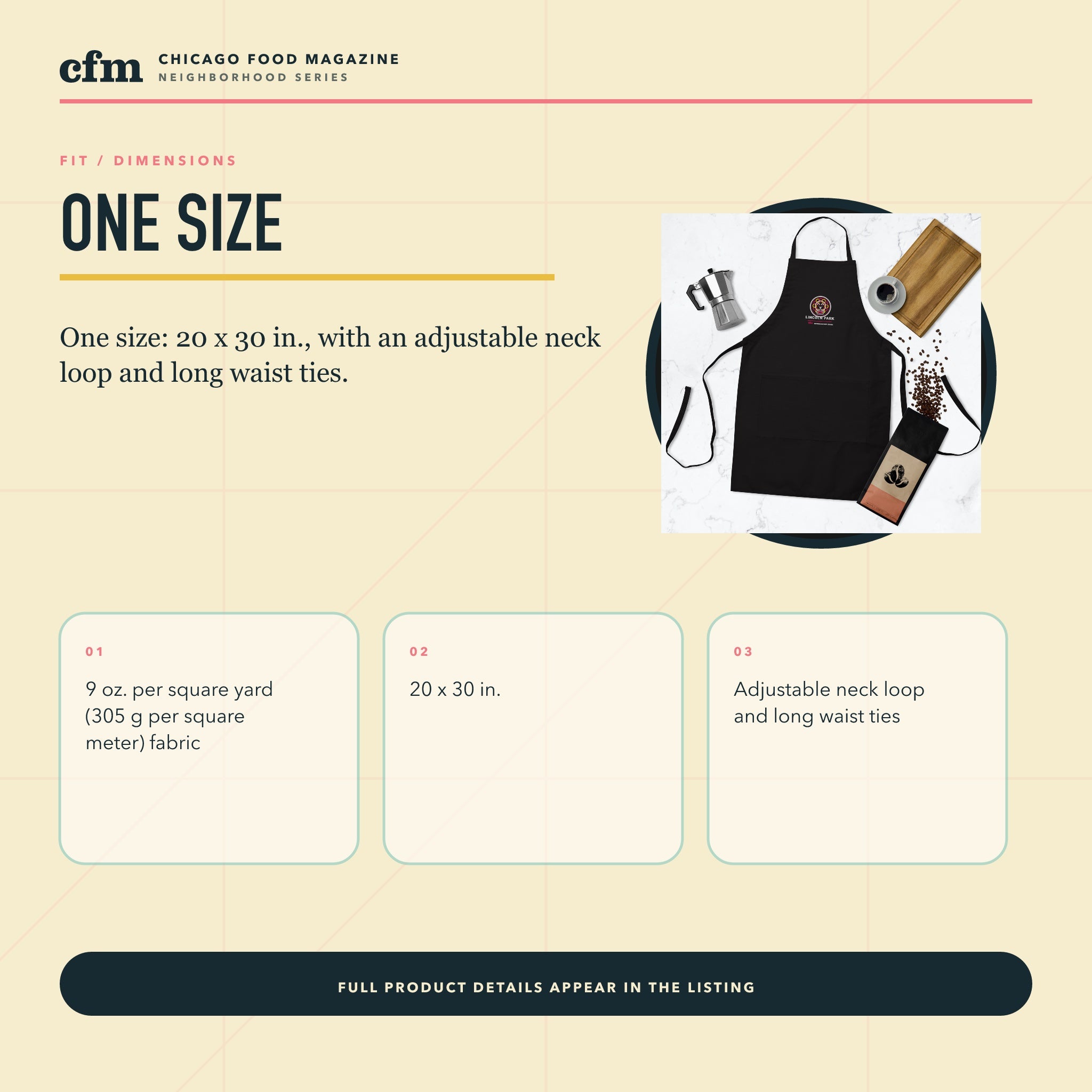 Lincoln Park chef apron, size, fit, and dimensions guide