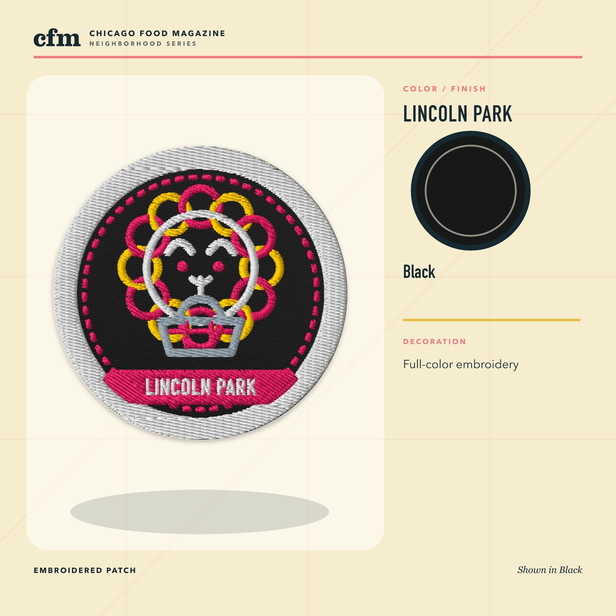 Lincoln Park embroidered patch, Black color and finish