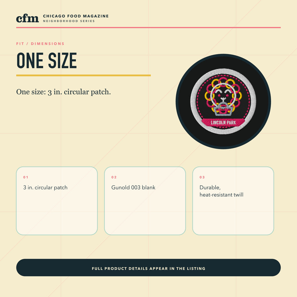 Lincoln Park embroidered patch, size, fit, and dimensions guide