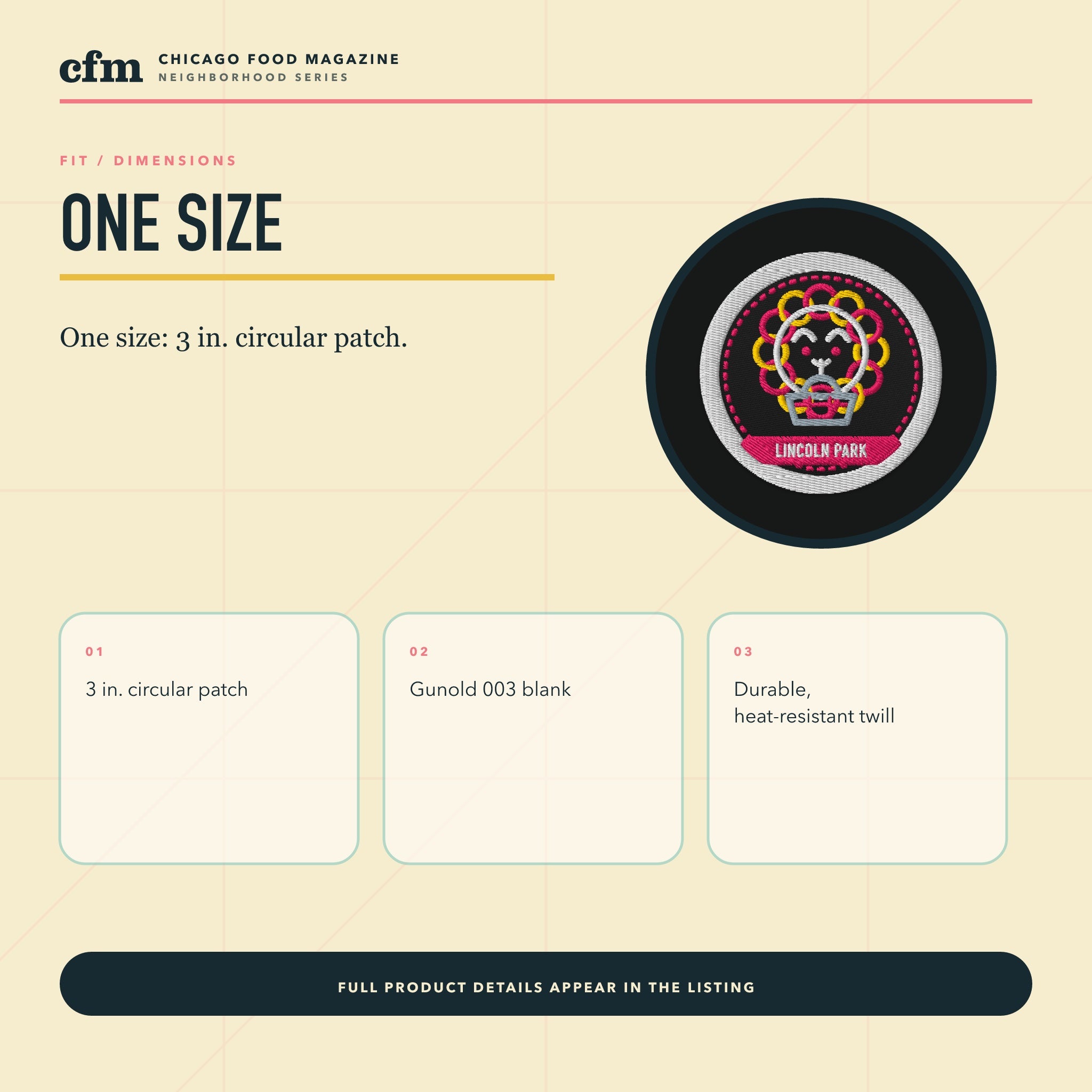 Lincoln Park embroidered patch, size, fit, and dimensions guide