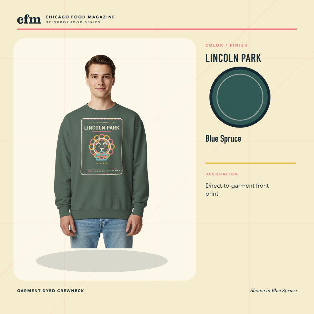 Lincoln Park garment-dyed crewneck, Blue Spruce color and finish