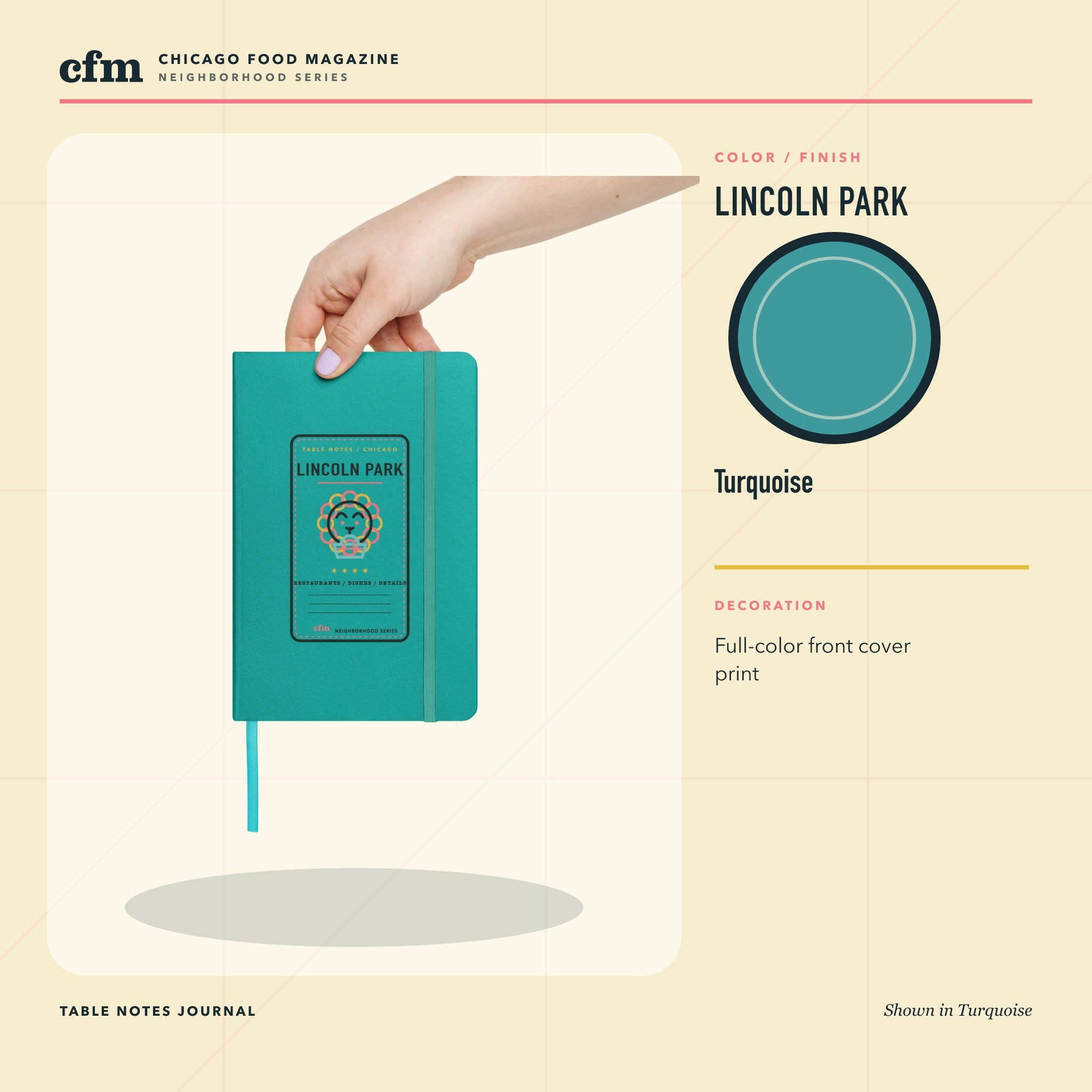 Lincoln Park table notes journal, Turquoise color and finish