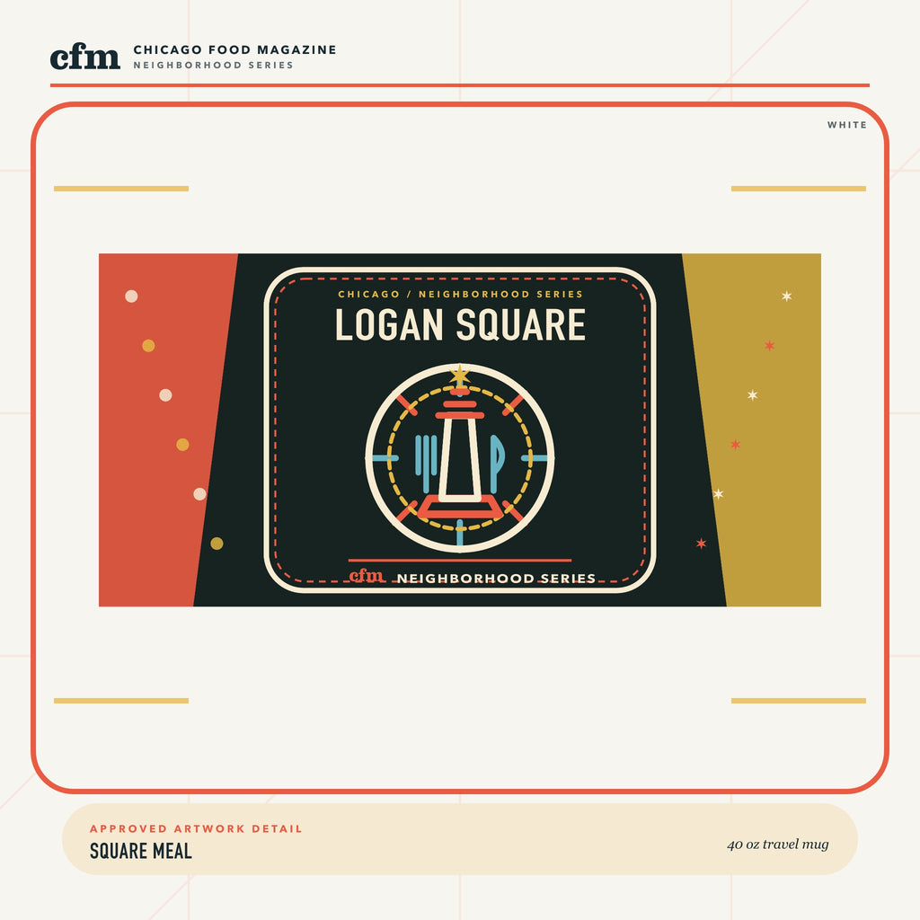 Logan Square 40 oz travel mug, close-up of Square Meal artwork