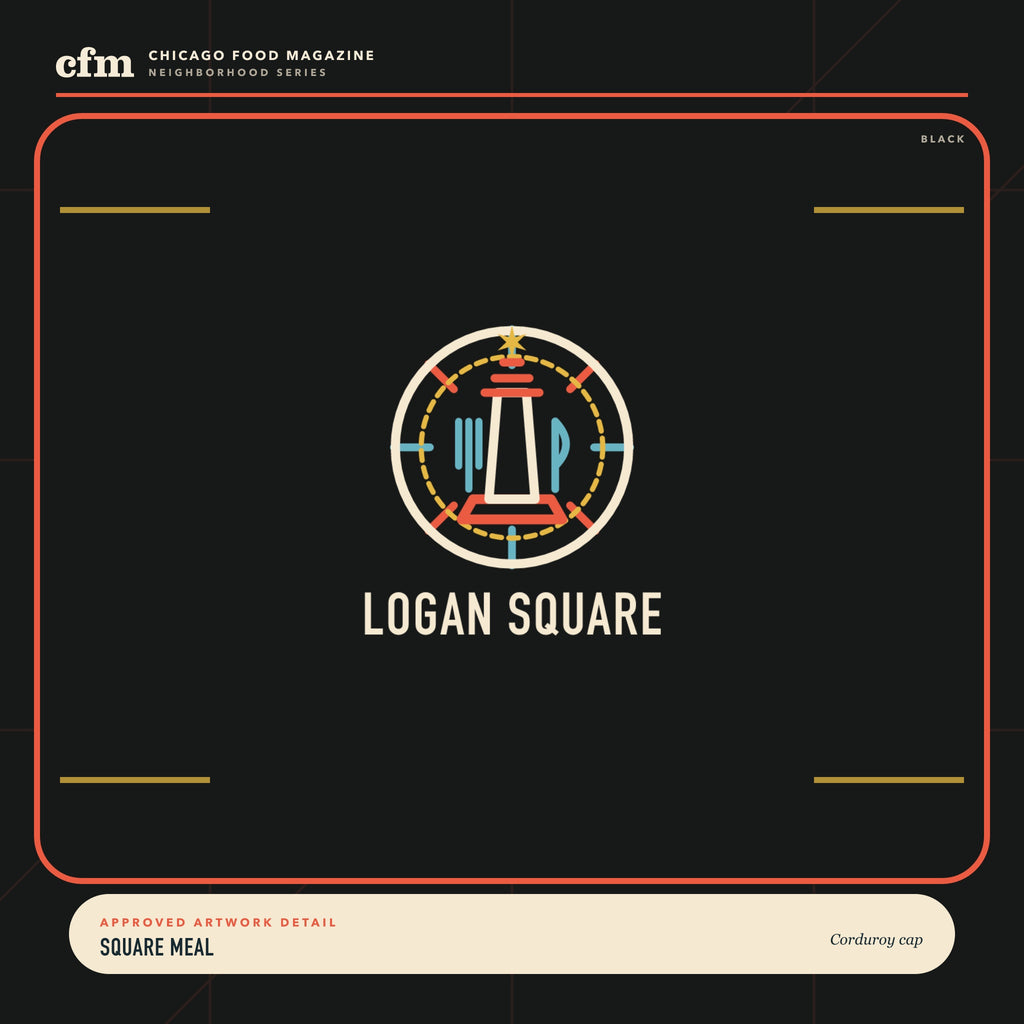 Logan Square corduroy cap, close-up of Square Meal artwork