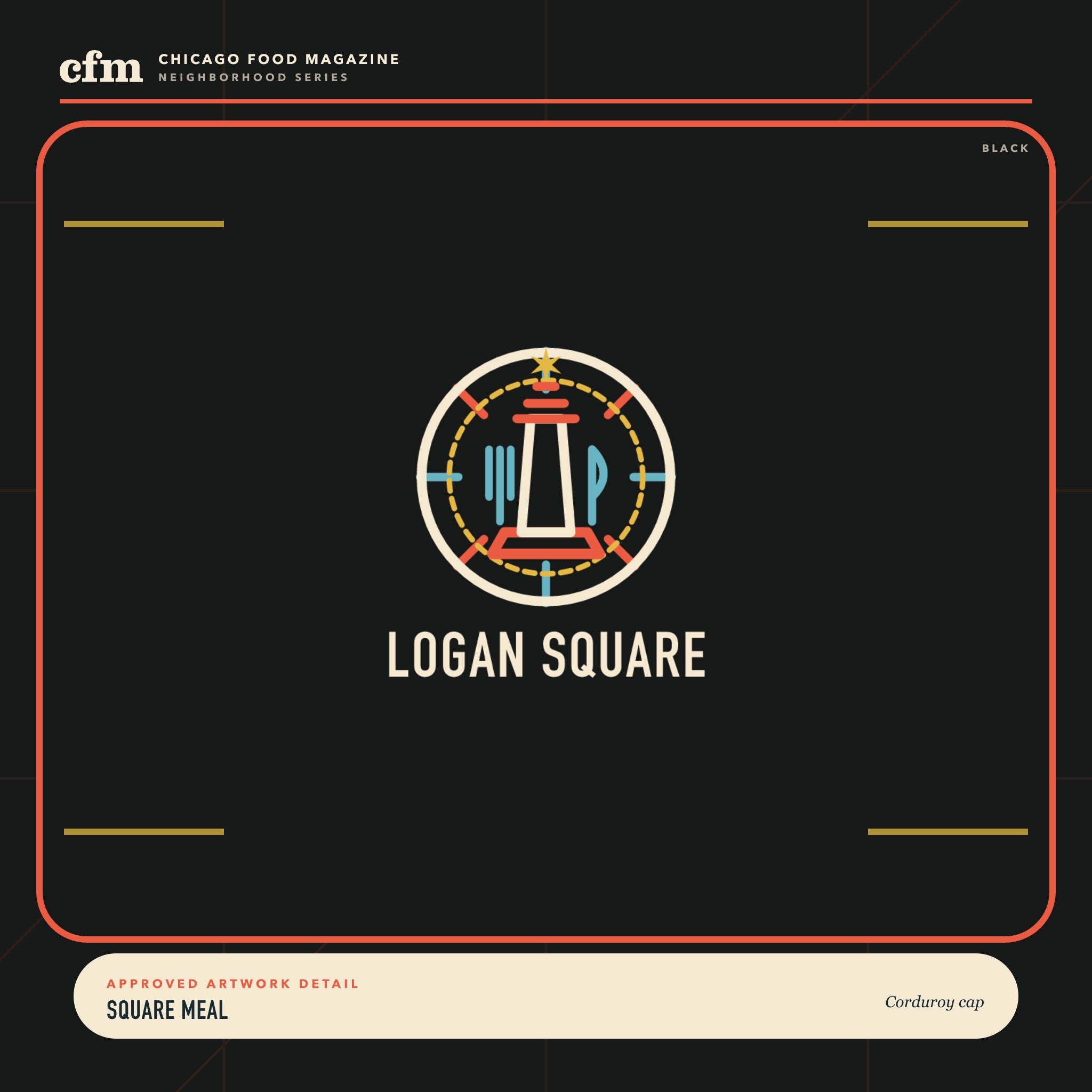 Logan Square corduroy cap, close-up of Square Meal artwork