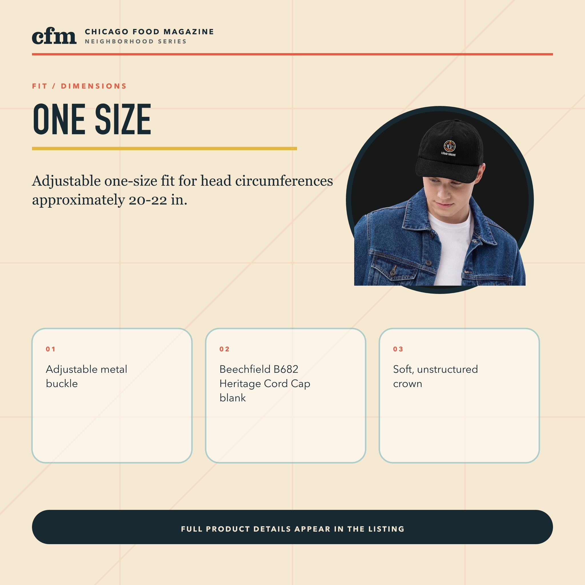 Logan Square corduroy cap, size, fit, and dimensions guide
