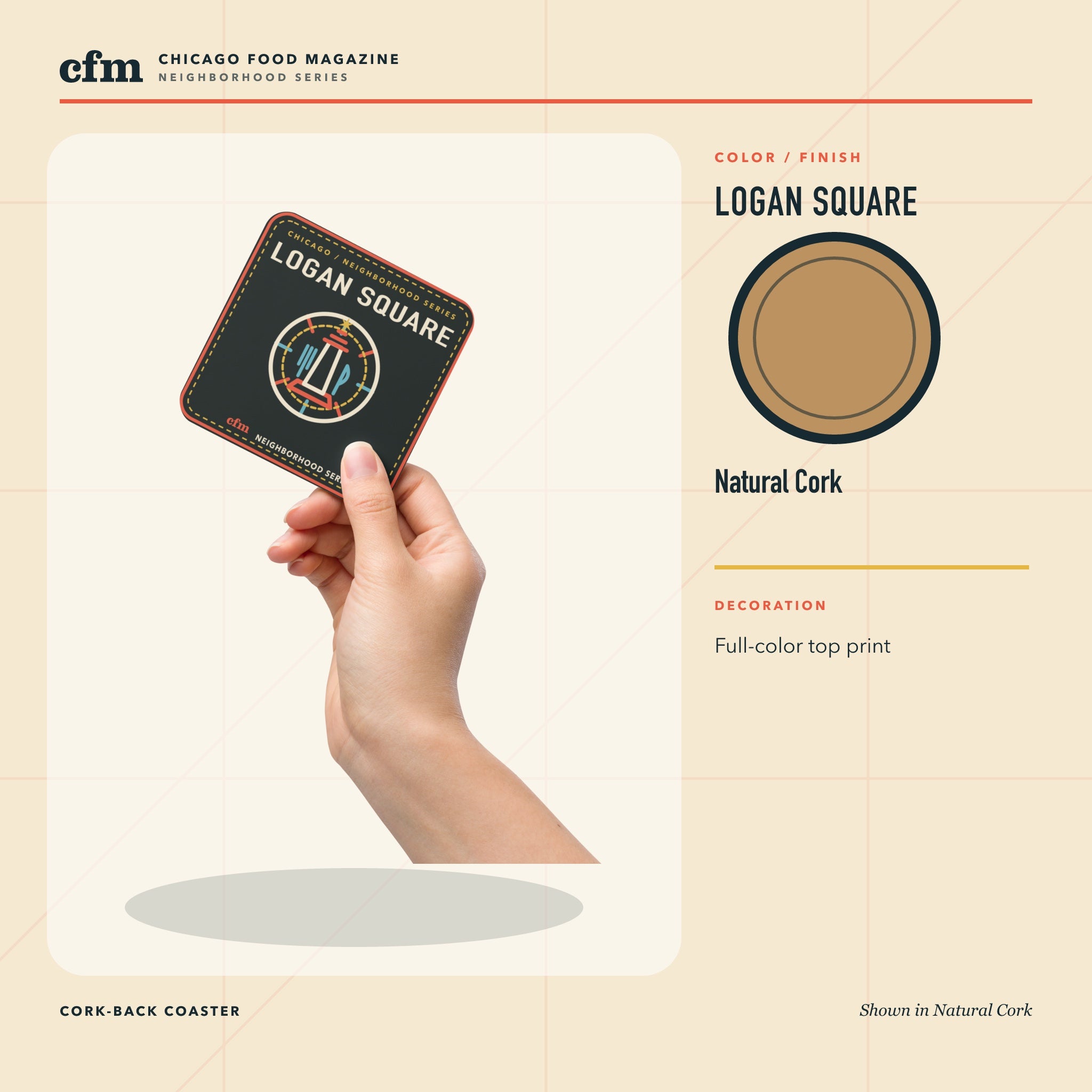 Logan Square cork-back coaster, Natural Cork color and finish