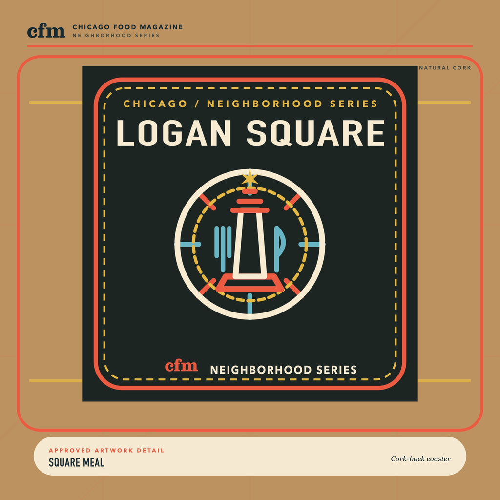 Logan Square cork-back coaster, close-up of Square Meal artwork