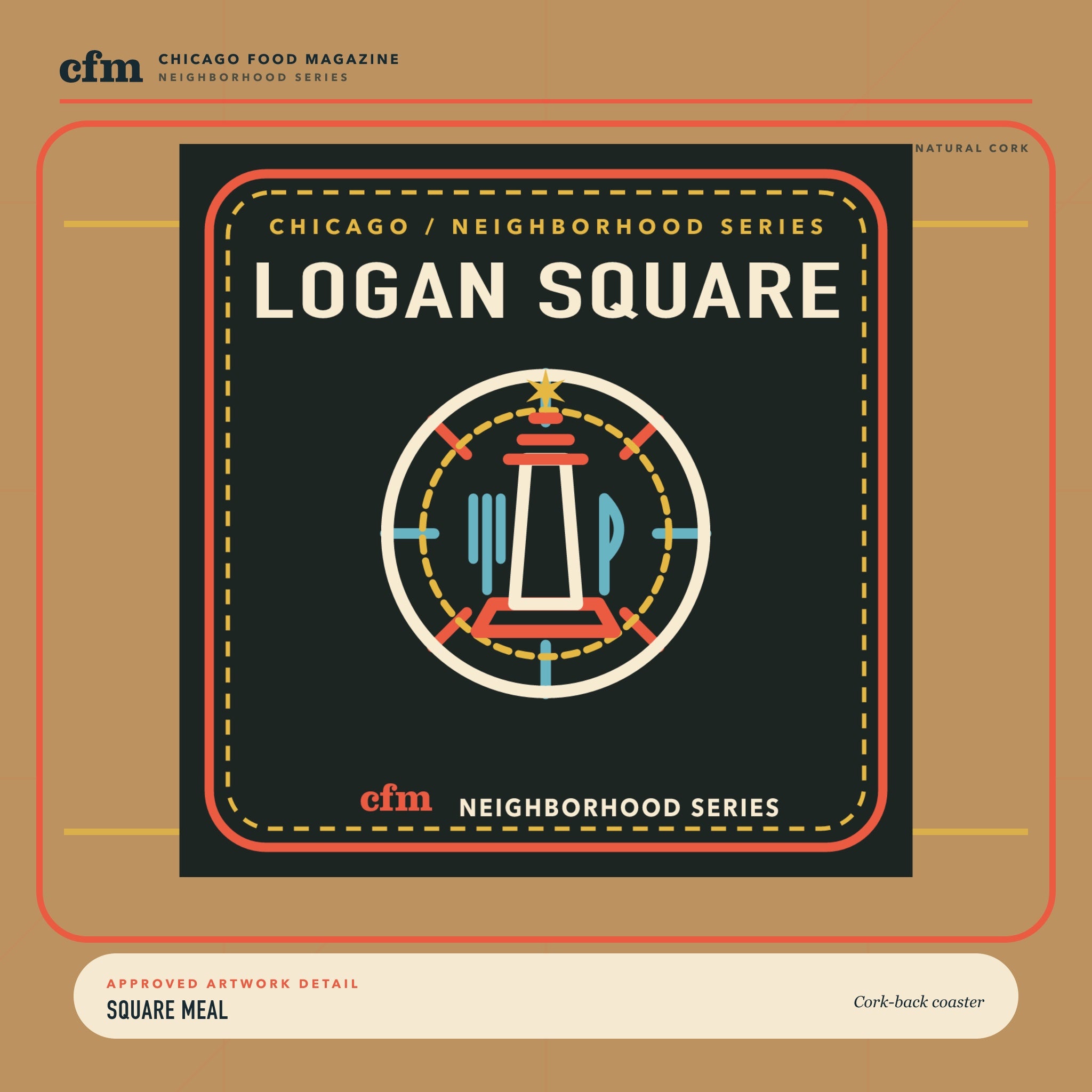 Logan Square cork-back coaster, close-up of Square Meal artwork