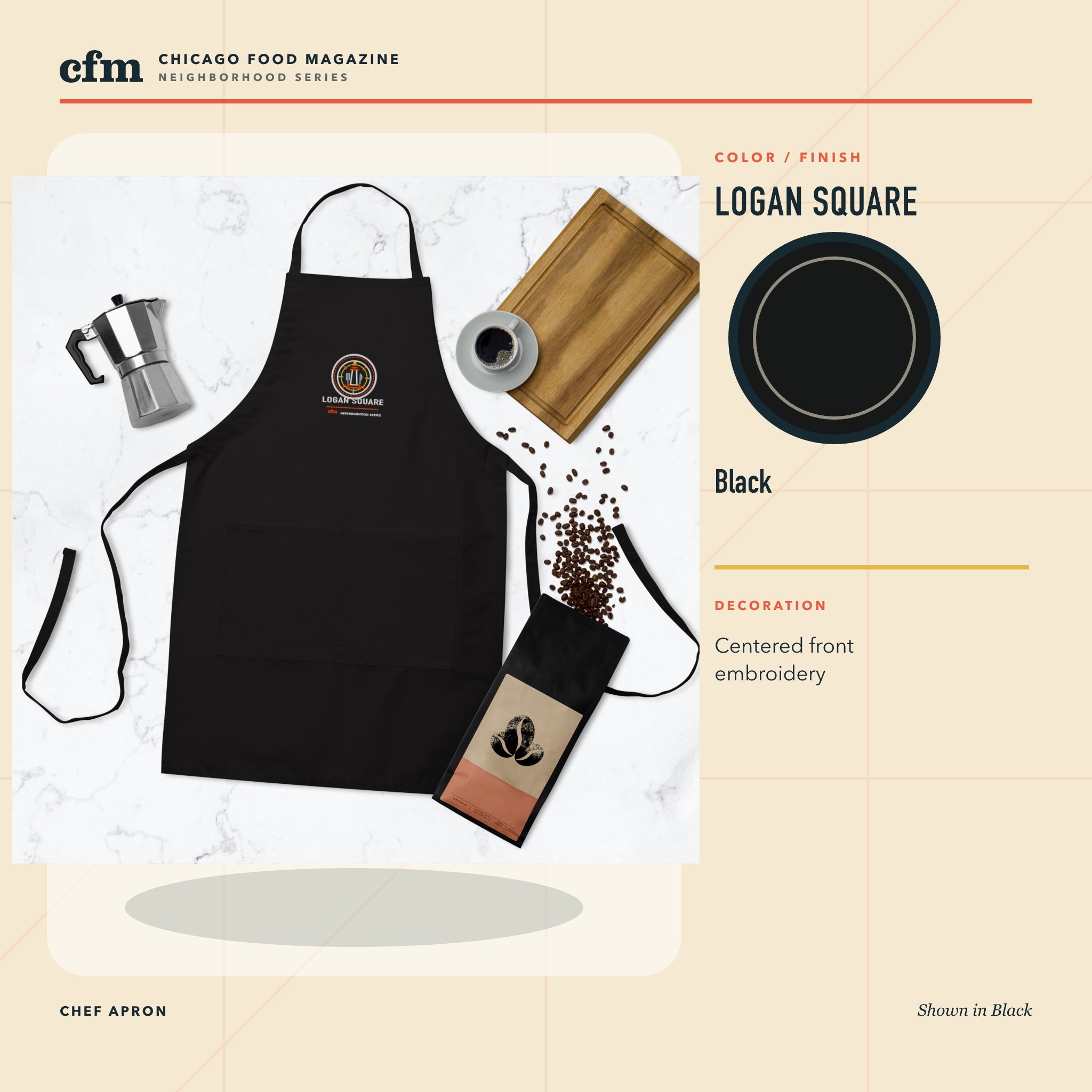 Logan Square chef apron, Black color and finish
