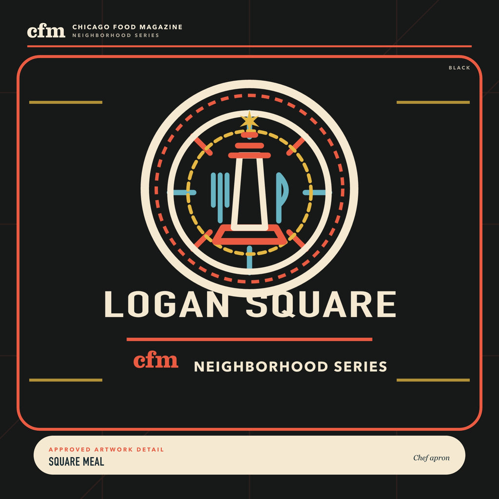 Logan Square chef apron, close-up of Square Meal artwork