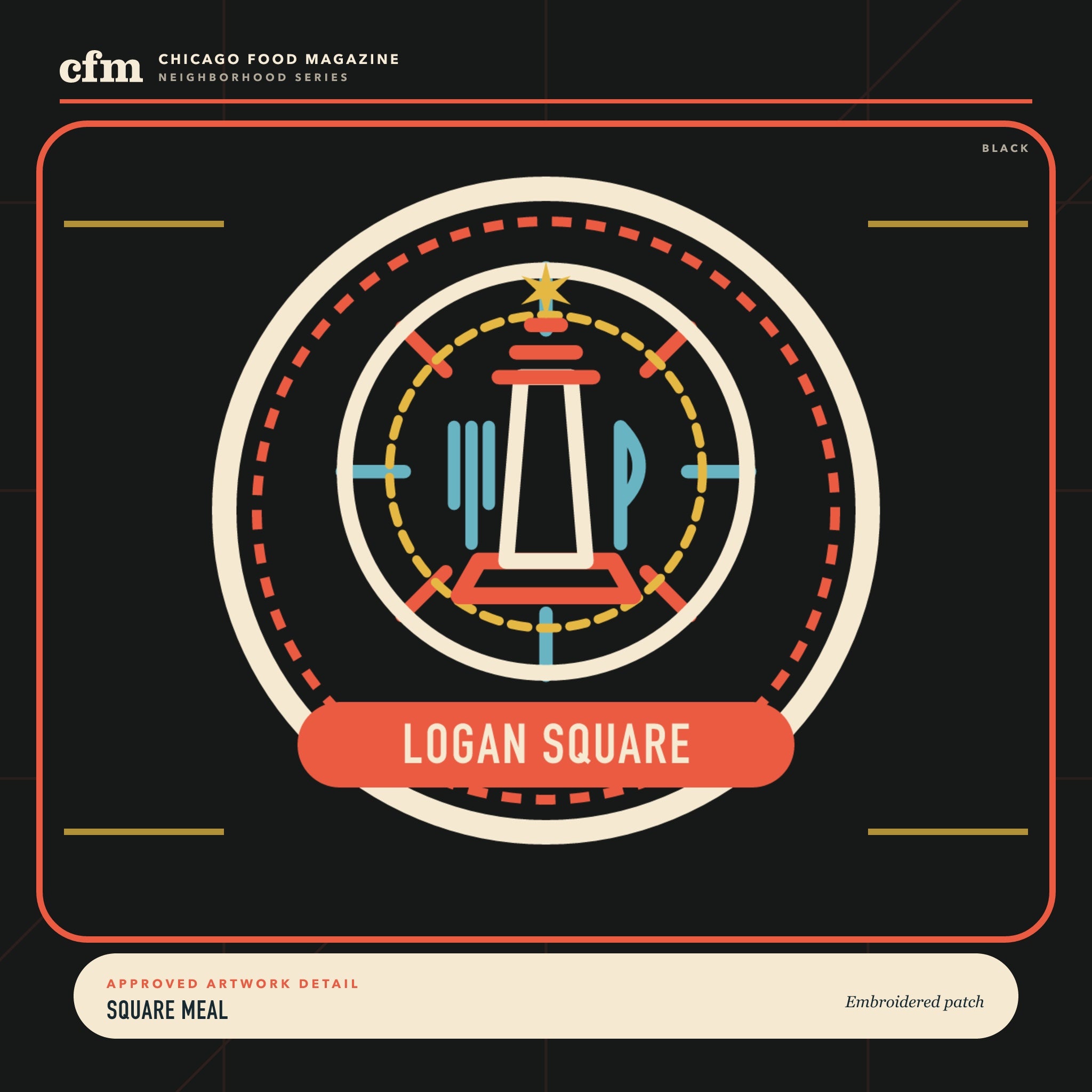 Logan Square embroidered patch, close-up of Square Meal artwork