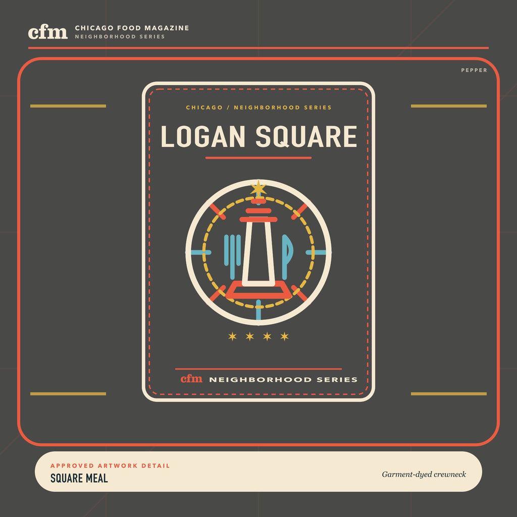 Logan Square garment-dyed crewneck, close-up of Square Meal artwork