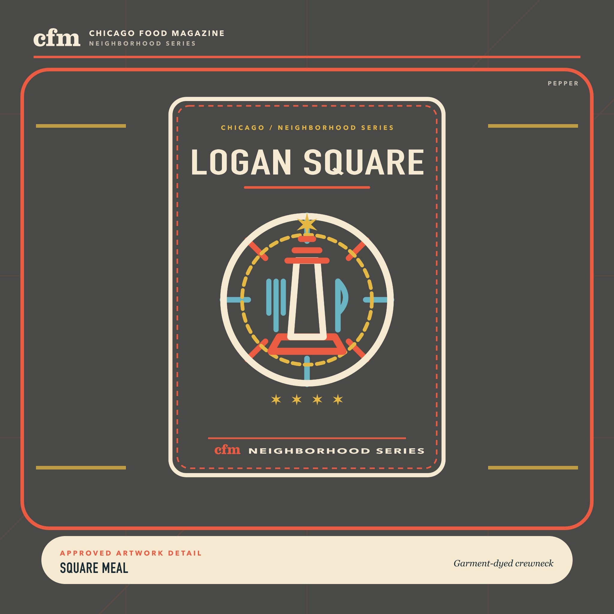 Logan Square garment-dyed crewneck, close-up of Square Meal artwork