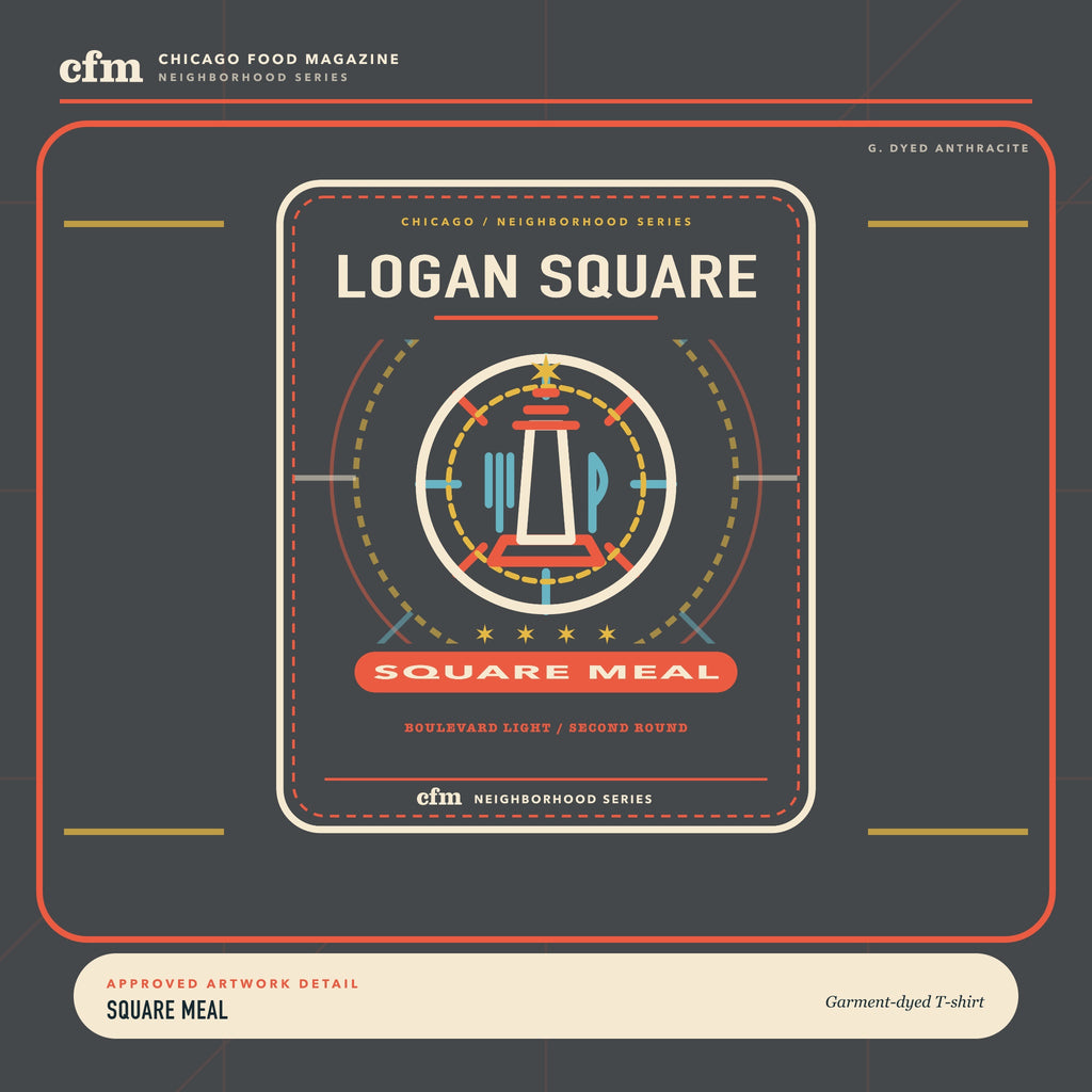Logan Square garment-dyed t-shirt, close-up of Square Meal artwork