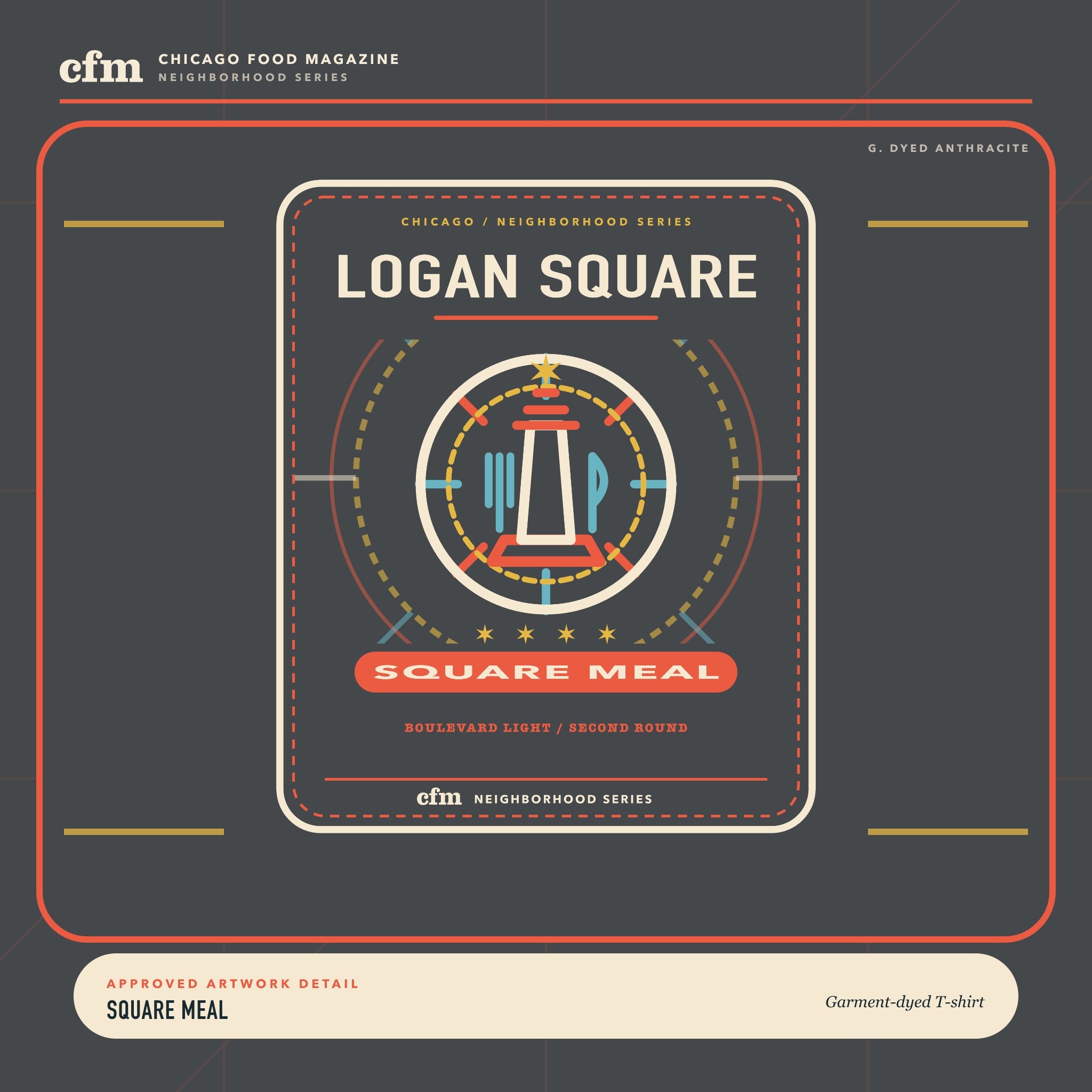 Logan Square garment-dyed t-shirt, close-up of Square Meal artwork