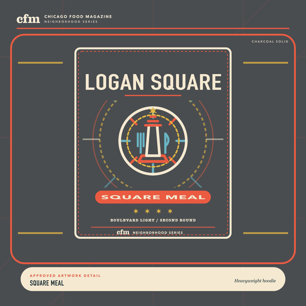 Logan Square heavyweight hoodie, close-up of Square Meal artwork
