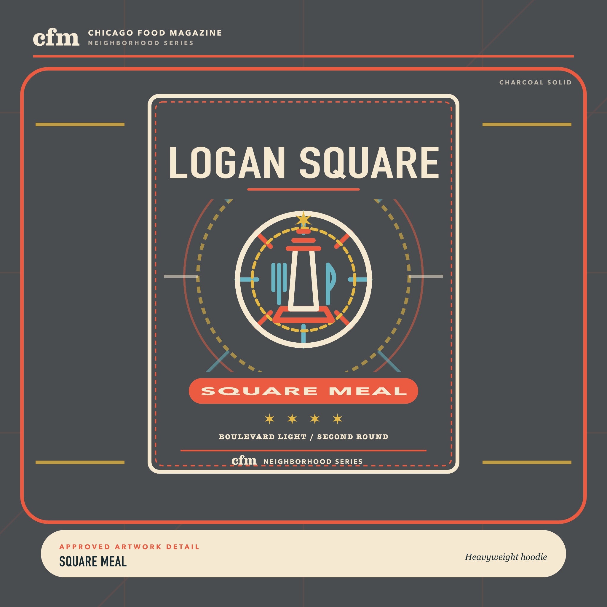 Logan Square heavyweight hoodie, close-up of Square Meal artwork