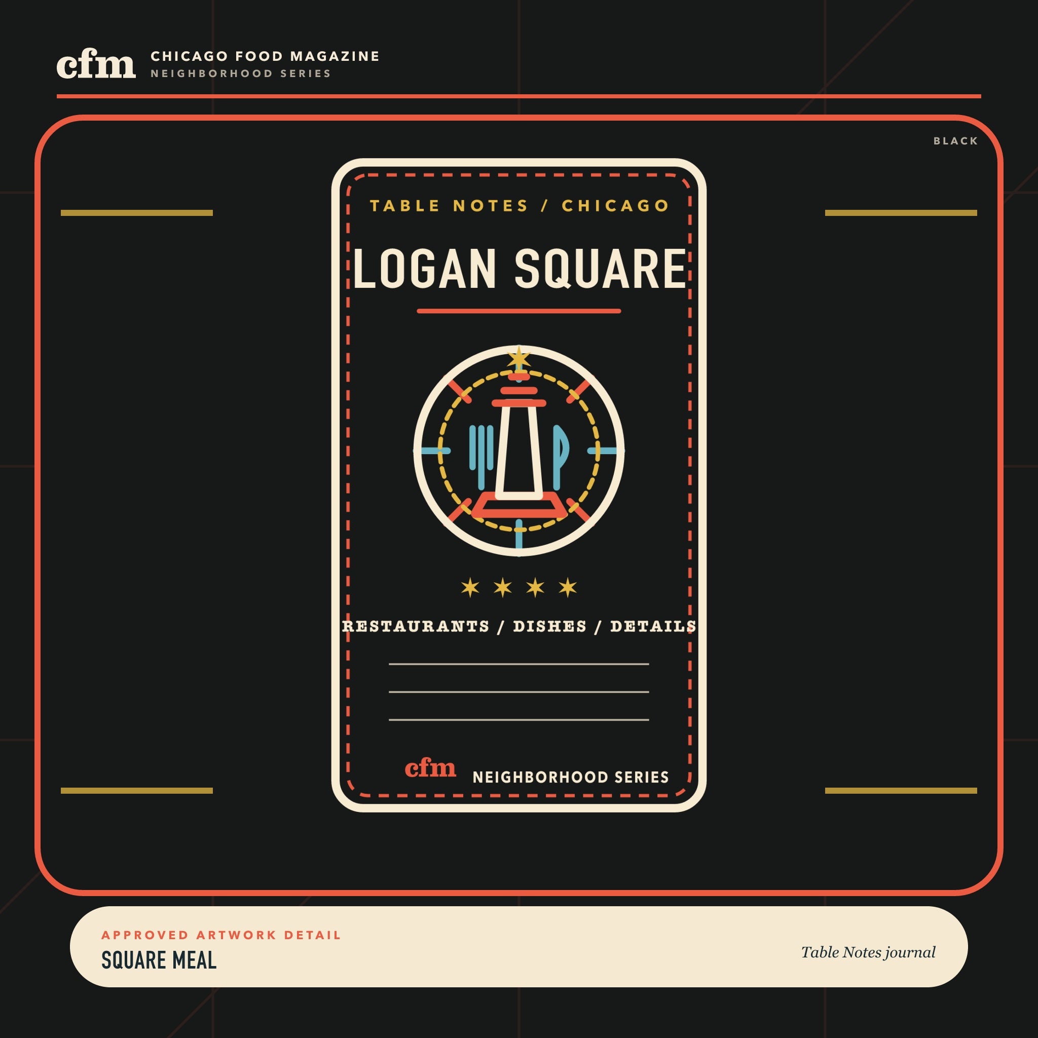 Logan Square table notes journal, close-up of Square Meal artwork