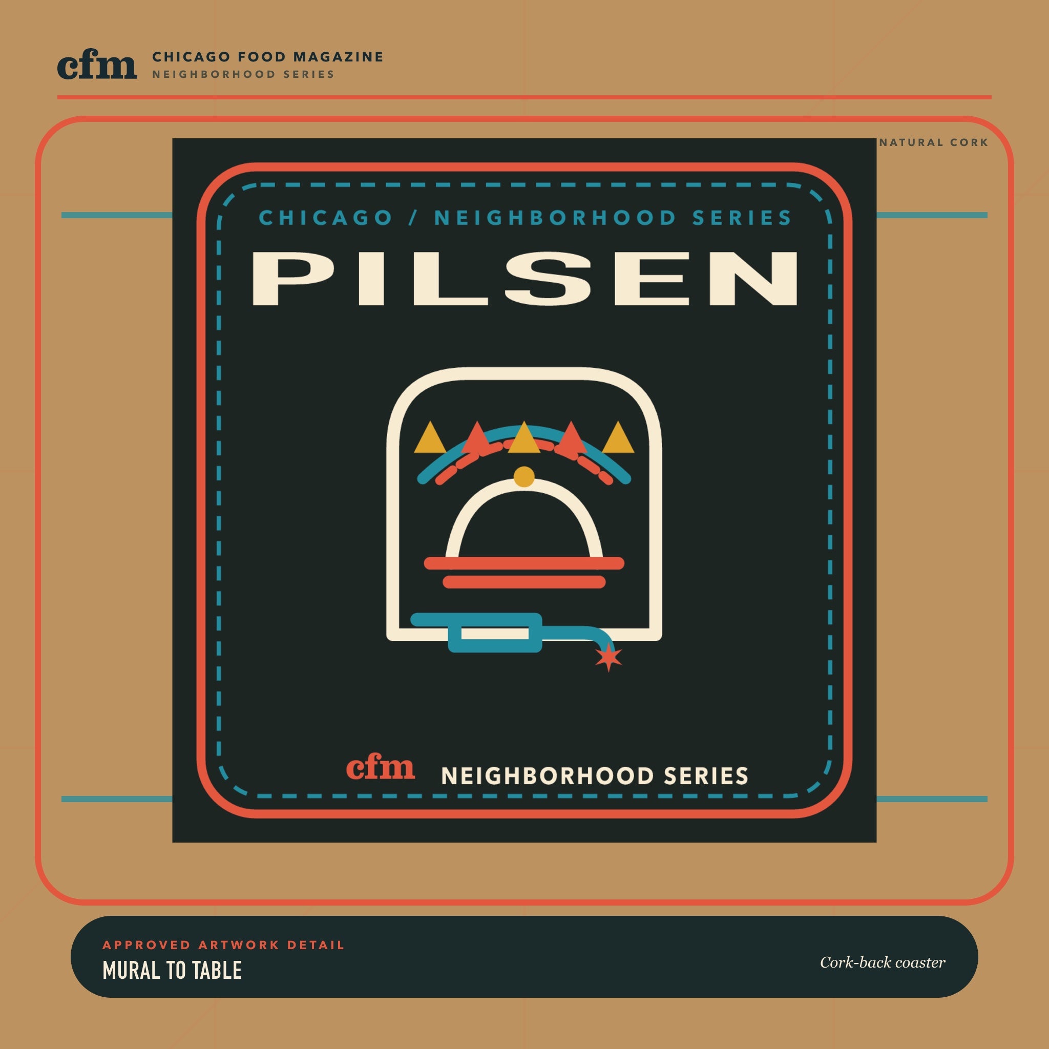 Pilsen cork-back coaster, close-up of Mural to Table artwork