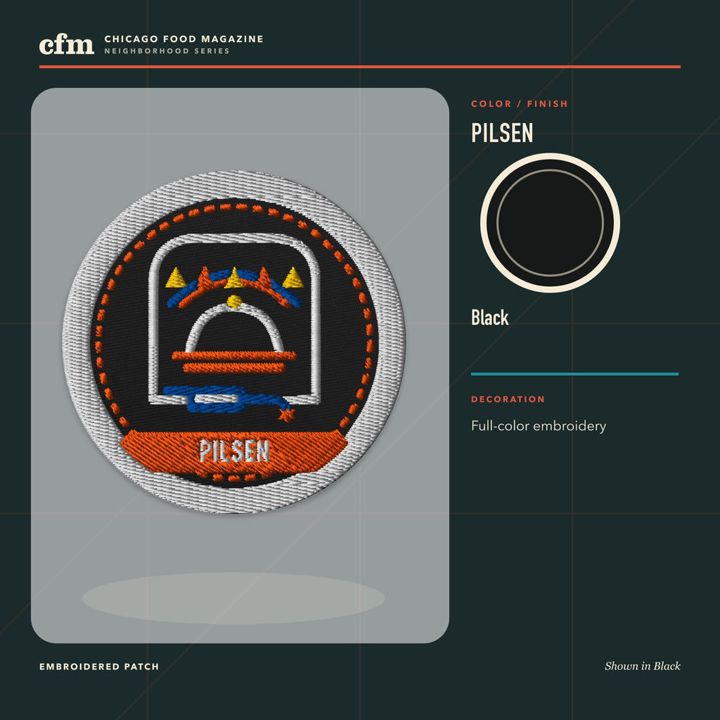 Pilsen embroidered patch, Black color and finish