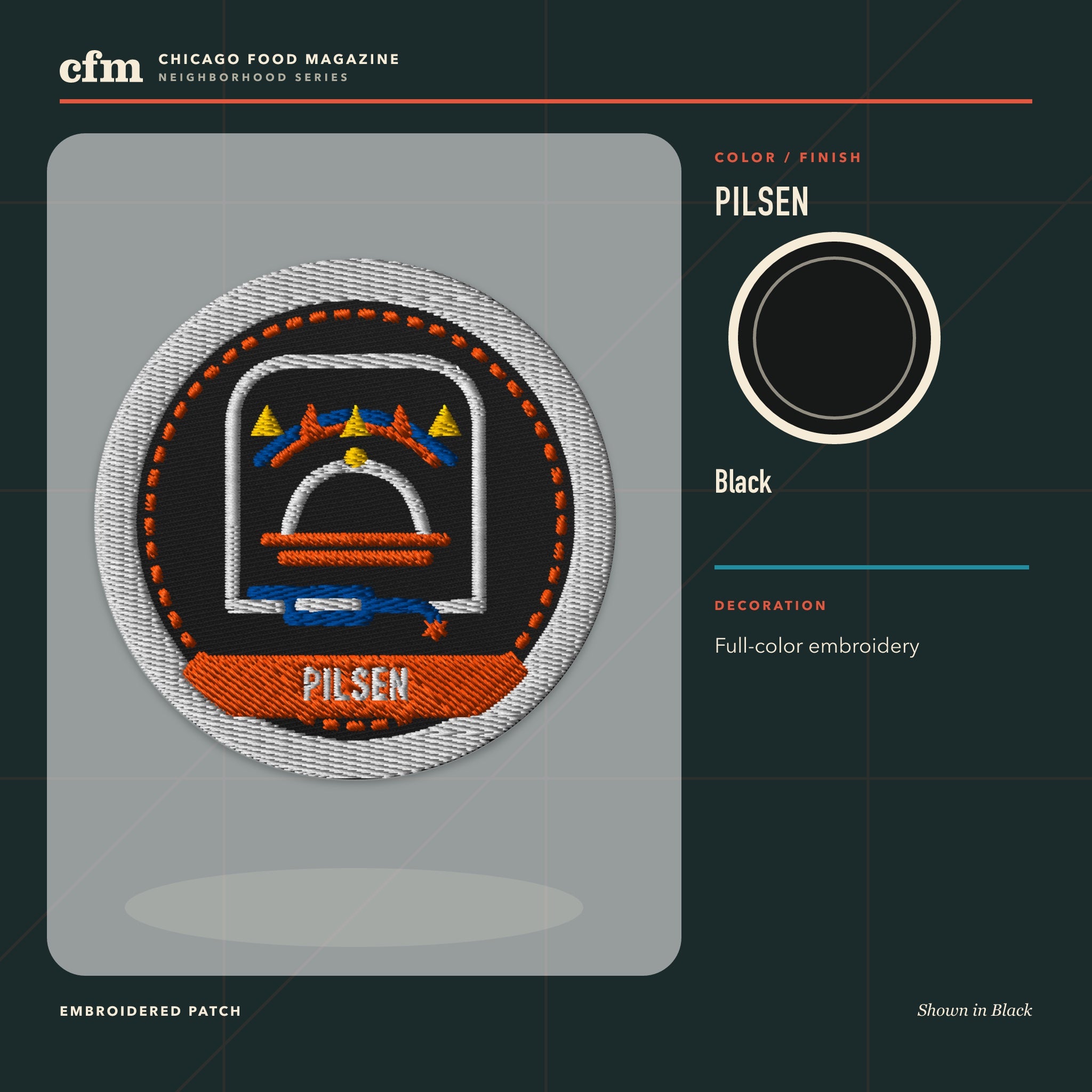 Pilsen embroidered patch, Black color and finish