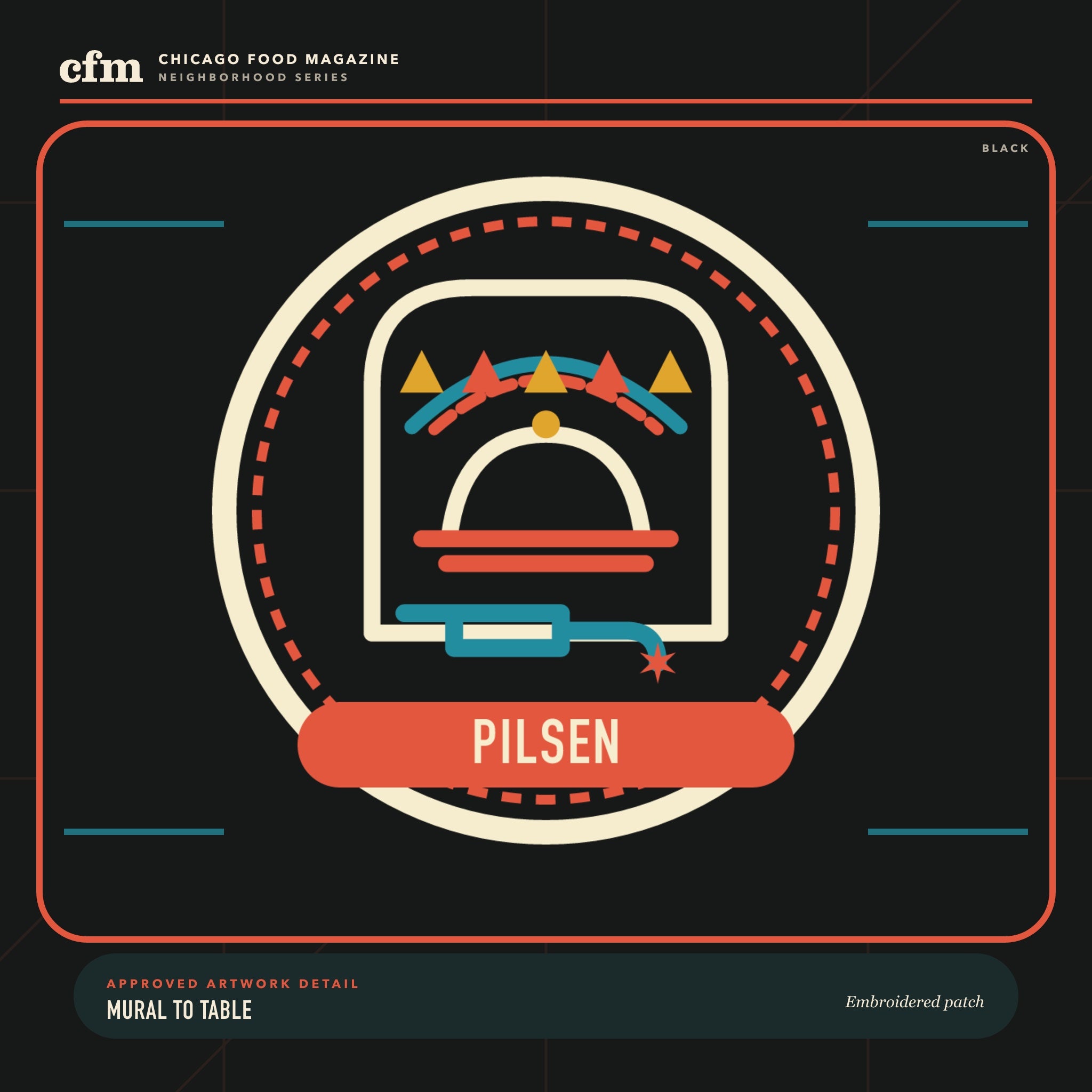 Pilsen embroidered patch, close-up of Mural to Table artwork