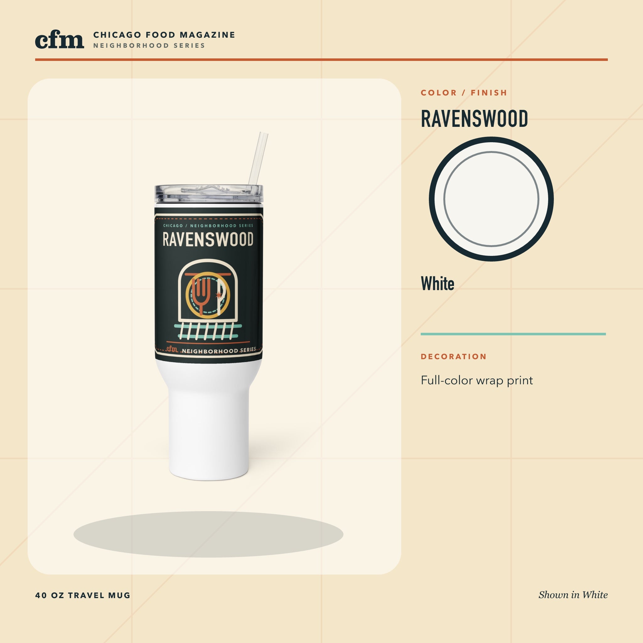 Ravenswood 40 oz travel mug, White color and finish