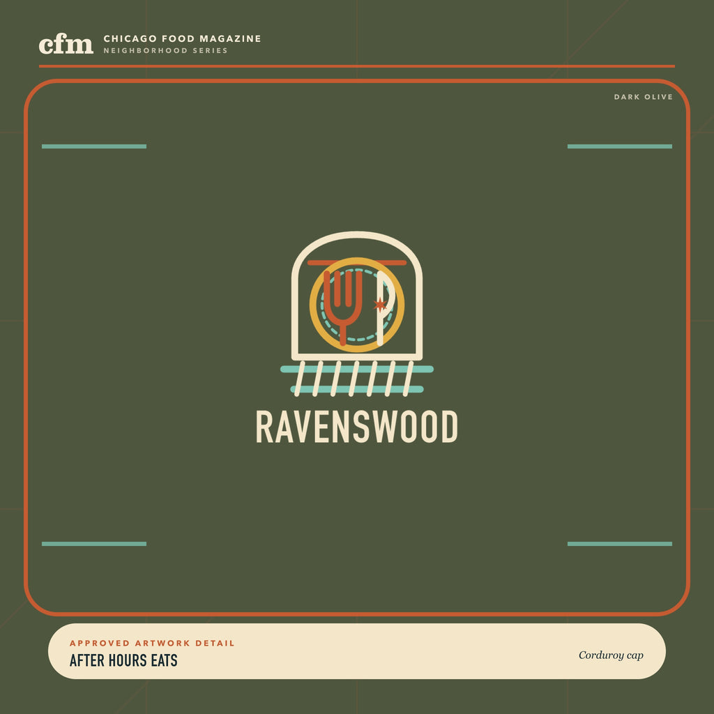 Ravenswood corduroy cap, close-up of After Hours Eats artwork