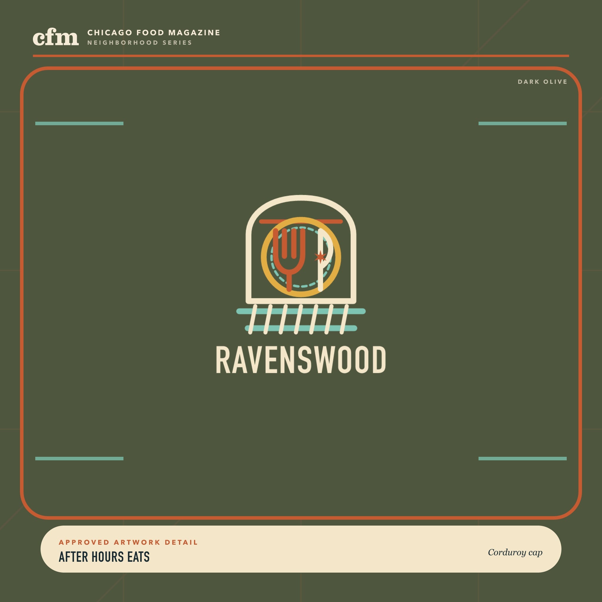 Ravenswood corduroy cap, close-up of After Hours Eats artwork
