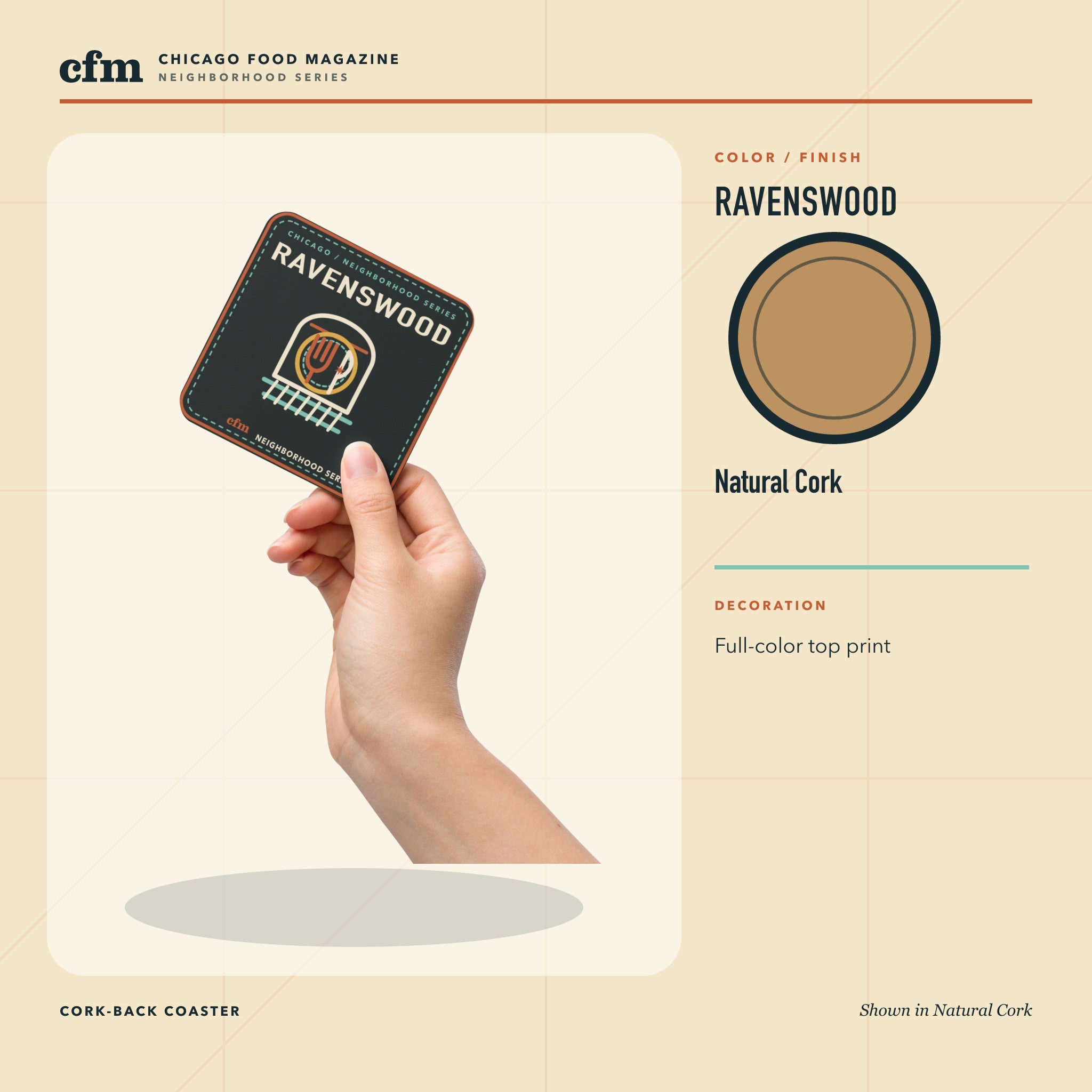 Ravenswood cork-back coaster, Natural Cork color and finish
