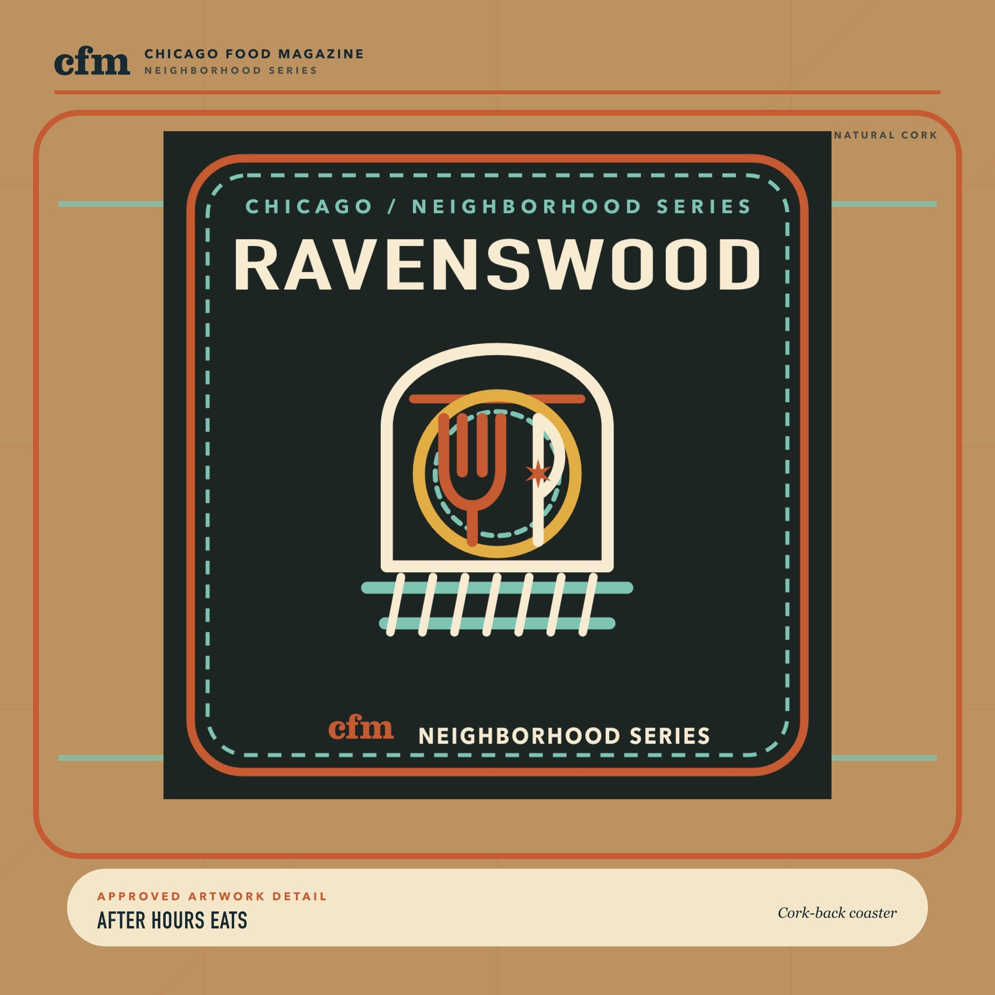 Ravenswood cork-back coaster, close-up of After Hours Eats artwork